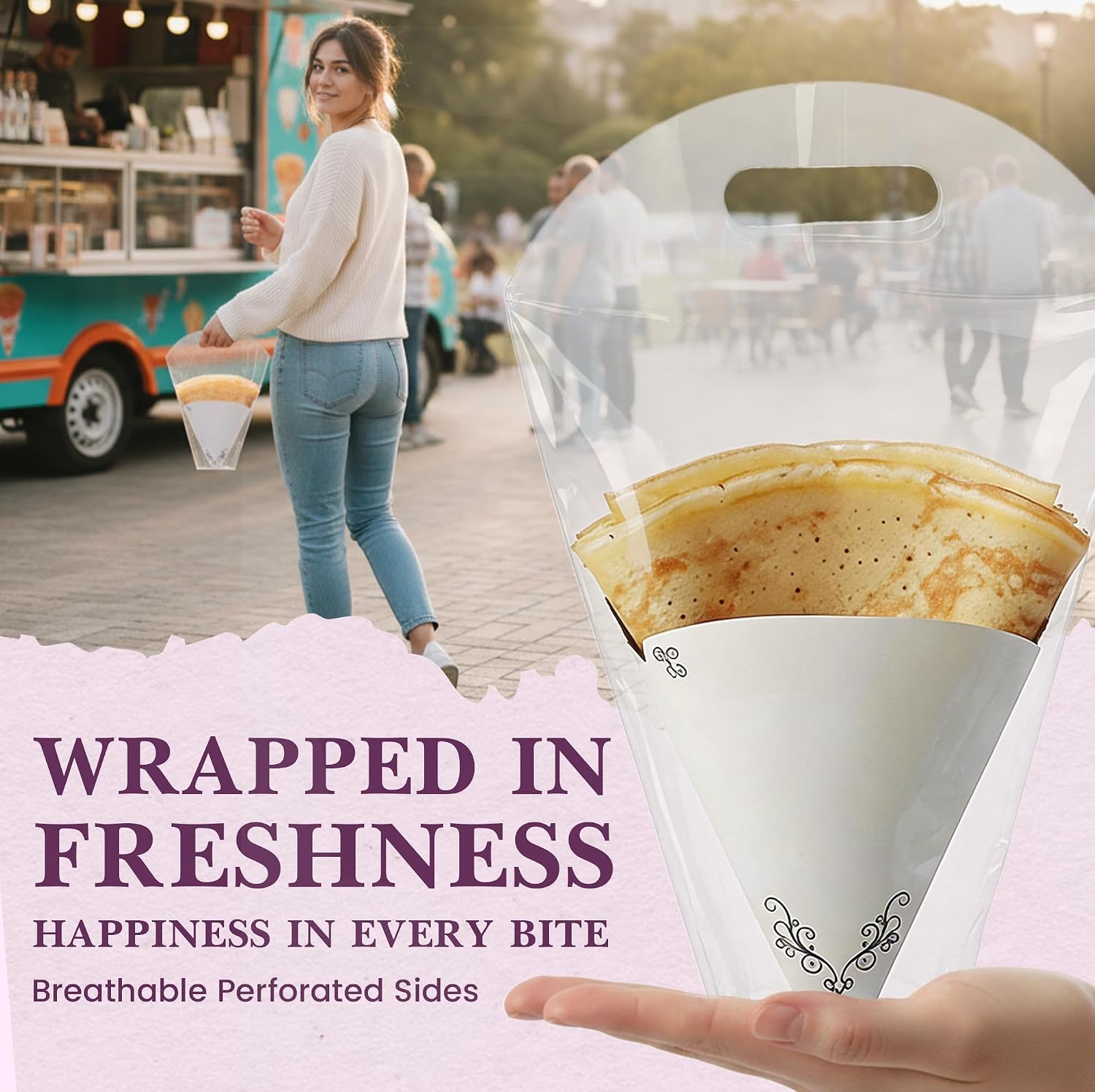 Friteshop French Crepe To-Go Bags with Carry Handle - Cone-Shaped Plastic Crepe Holders, Breathable Perforated Sides - Takeaway Packaging for Food Trucks, Cafes & Festivals – 100 Count