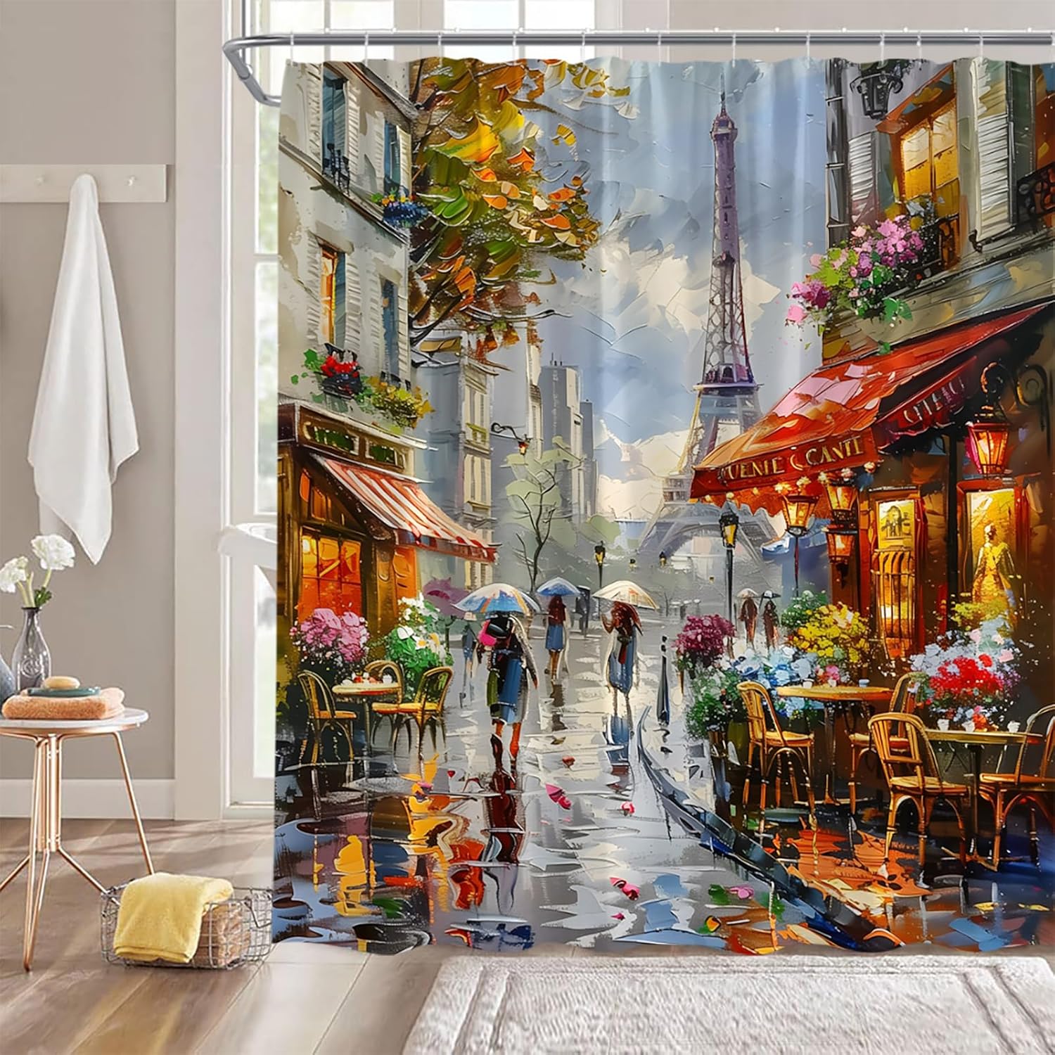 Paris Eiffel Tower Shower Curtain Retro Paris Cafe de Oil Painting France Street European Building Fashion Fabric Bathroom Decor Curtain with Hooks,70Wx96H Inches
