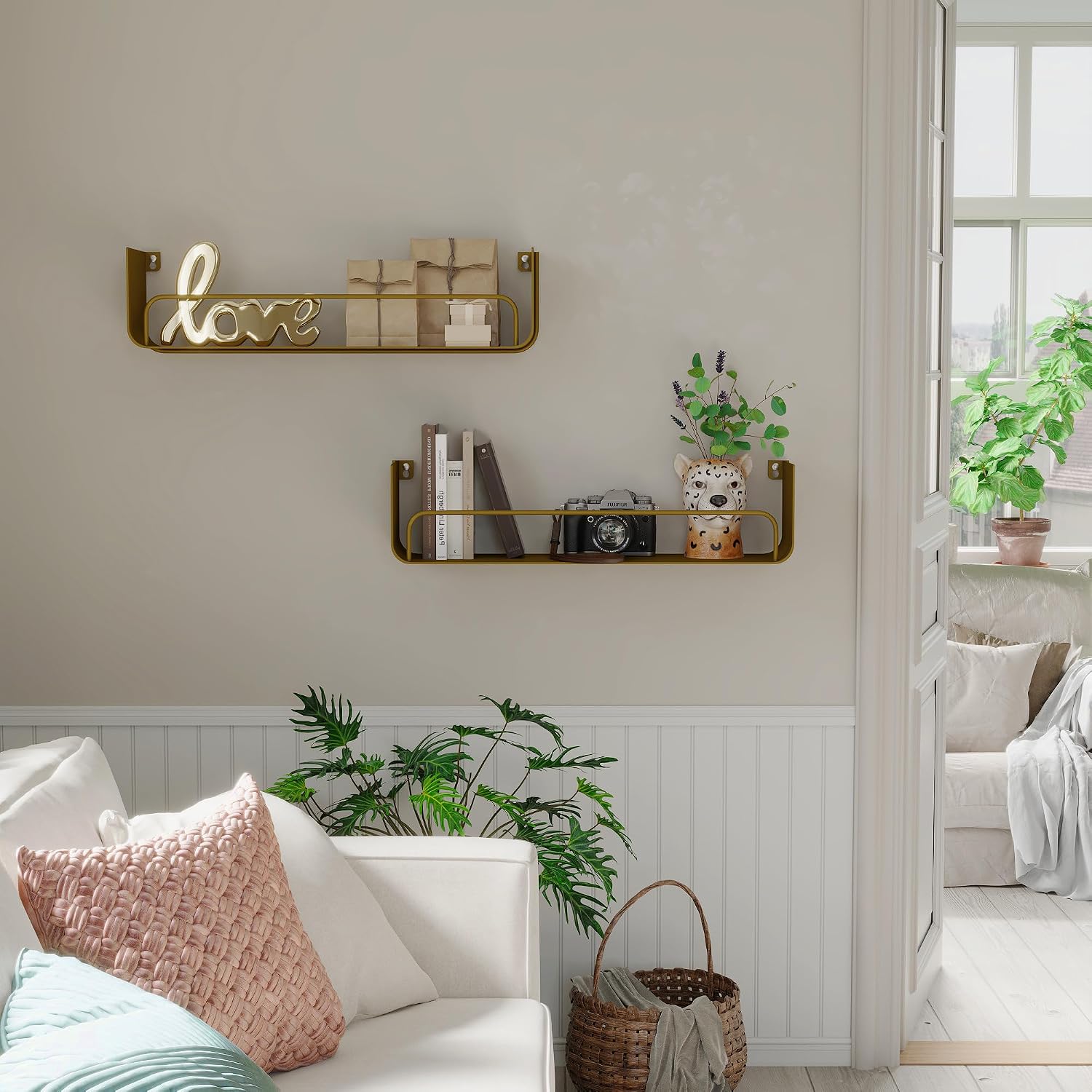 16 Inch Gold Floating Shelves 2 Pack - Modern Iron Bathroom Shelves with Guardrail, U-Shaped Wall Mounted Shelf for Home Decor&Organizer, Display Wall Shelf for Bathroom,Kitchen,Bedroom