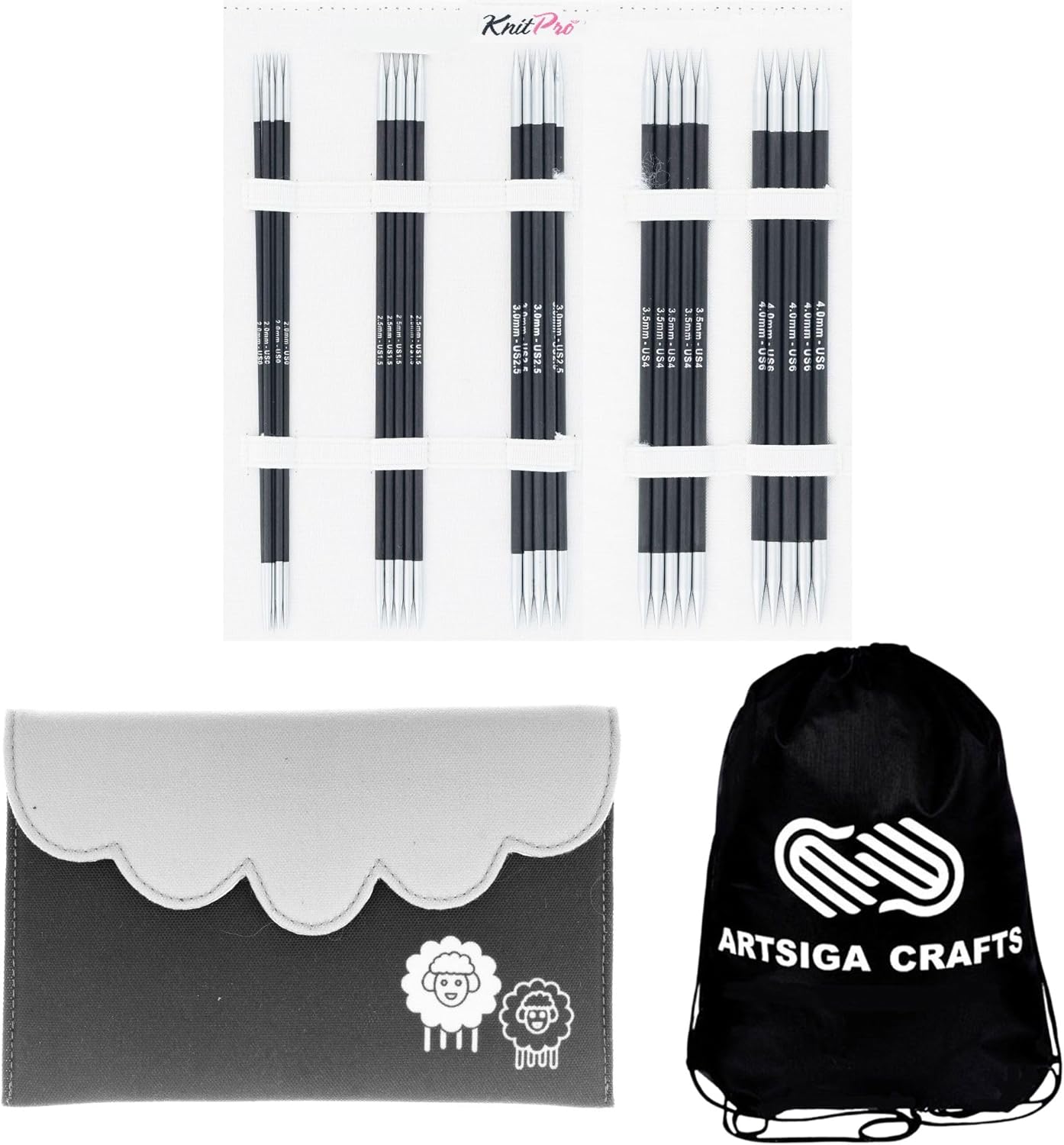 KnitPro Karbonz Starter Set 8 inch DPN Double Pointed Needles Size 1.5, 2.5, 4, 6, 7, 8 with Fabric Case with Project Bag