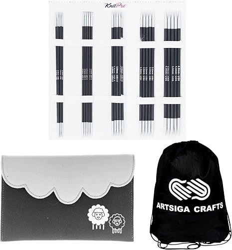KnitPro Karbonz - Juego de agujas de doble punta DPN de 6 pulgadas, tamaño 0, 1.5, 2.5, 4, 6 con estuche de tela con bolsa de proyecto