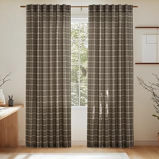 NICETOWN Plaid Linen Gingham Curtains 108 inches Long for Living Room