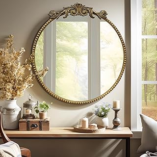 Round Mirror, 28''Baroque Style Circle Mirror Vintage Gold Metal Frame W...