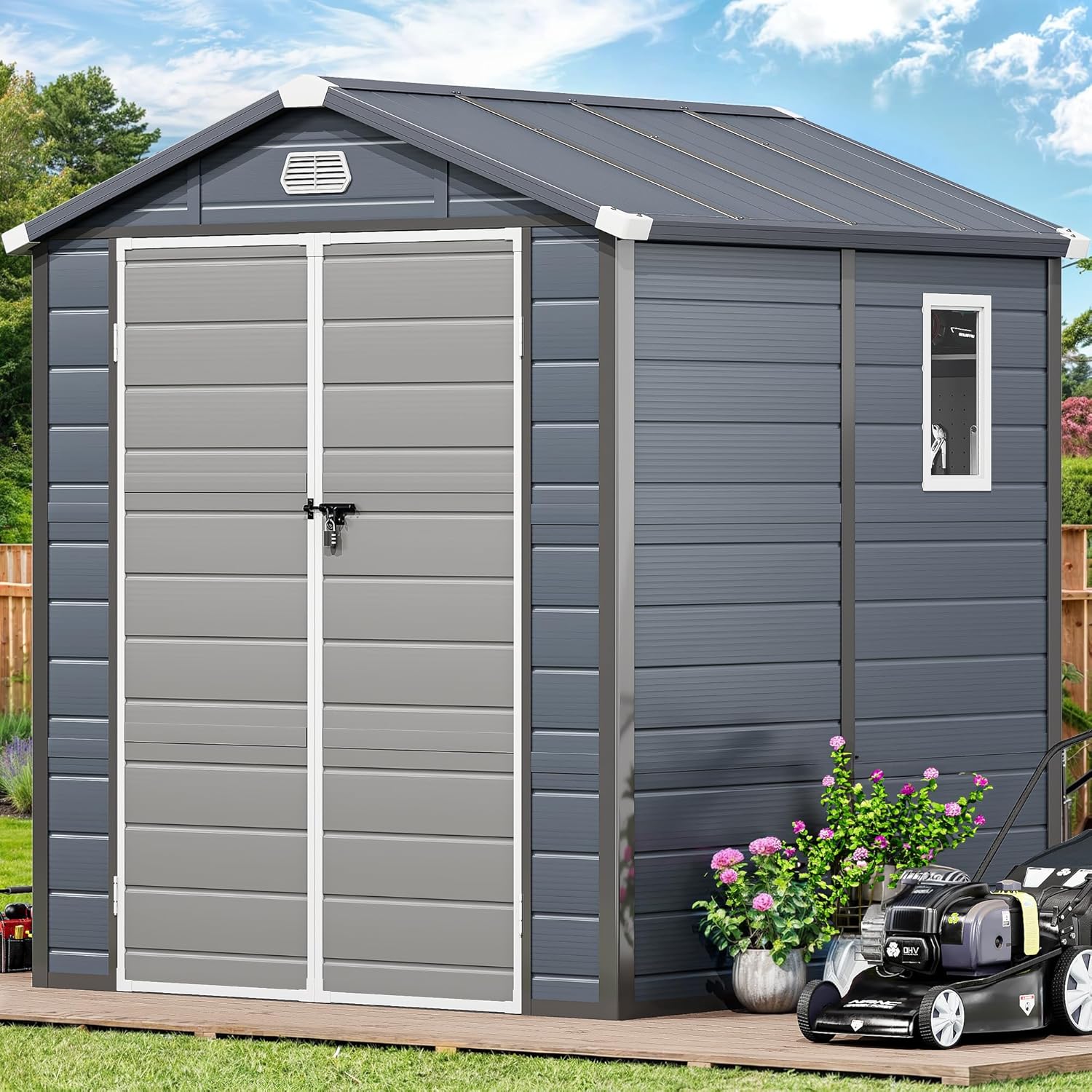 (incomplete only 1 box ) YITAHOME Resin Storage Unit sans Flooring, 6.3x6.2FT All-Weather Plastic Shed with Window, Vents and Secured Doors, Outdoor Plastic Tool Cabin for Poolside, Lawn, Backyard, Patio, Dark Gray