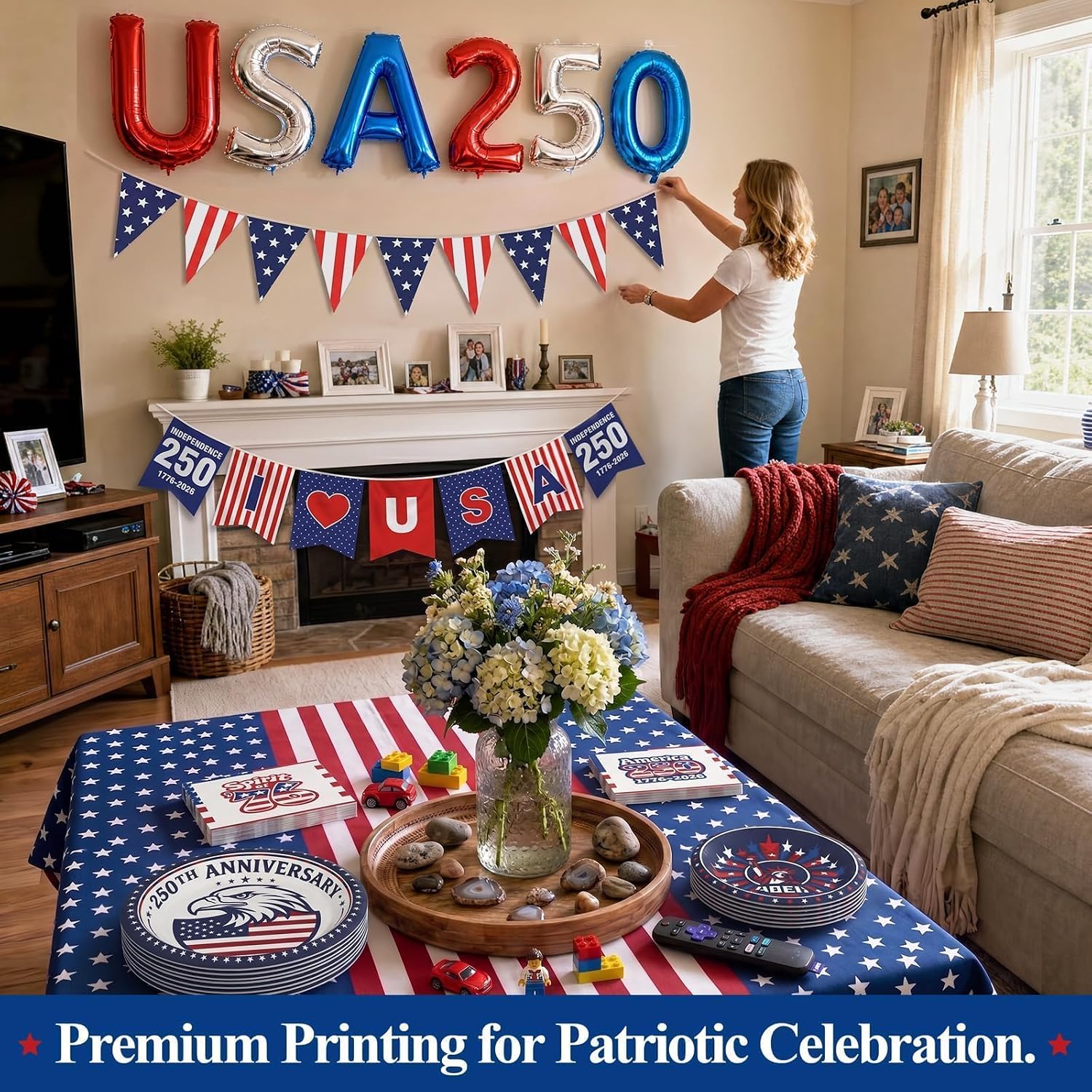 123PCS 4th of July Party Supplies Set Serve 24 Guests, 250 Anniversary Patriotic Memorial Day Kit Decorations, Includes Plates Napkins Banners Tablecloth Foil Balloon American Independence Day