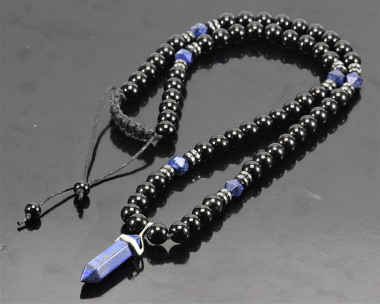 Lapis Lazuli Pendant Black Onyx Beaded Adjustable Macrame Protection Crystal Gemstone Long Necklace Christmas Gif For Him Women's