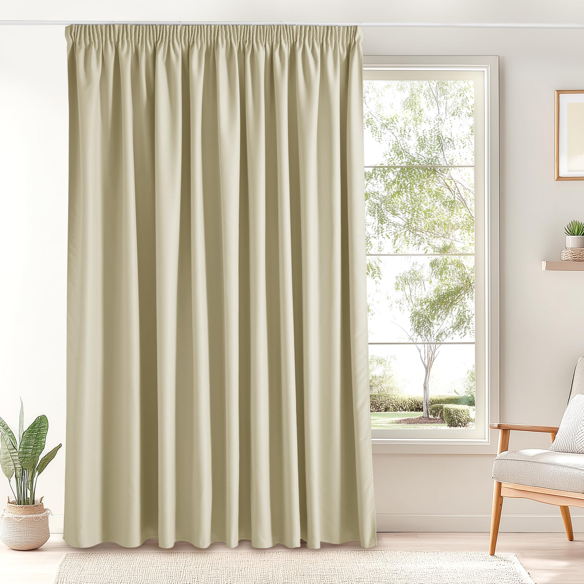 PONY DANCE Rideau Grande Largeur - Rideau Occultant Thermiques Anti Froid Galon Fronceur Passe Tringle Décoration pour Salon Chambre Maison, L 300 x H 245 cm, Beige Clair, 1 PC