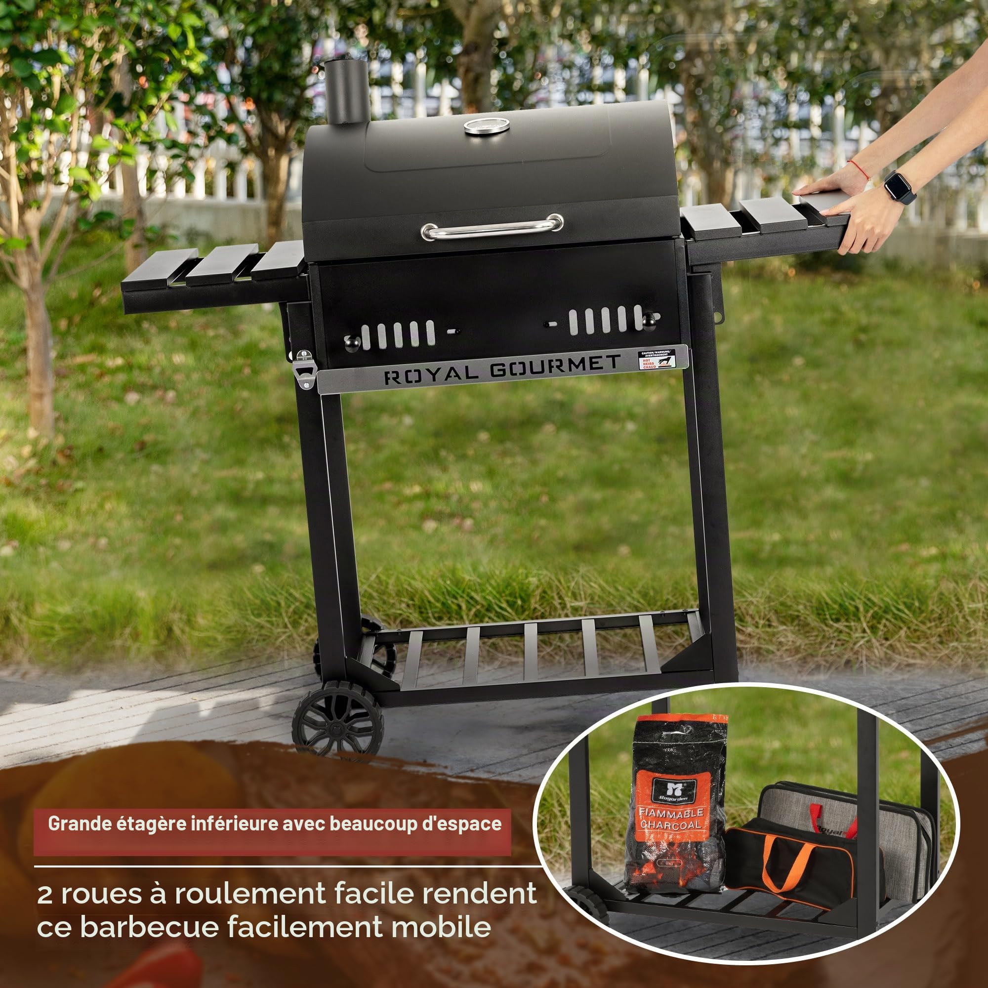 Royal Gourmet Barbecue au charbon de bois avec étagères latérales rabattables, fumoir sur pied avec décekl, thermomètre, barbecue à charbon noir