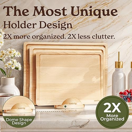 Miniatura 4 de SMIRLY Juego de tablas de cortar de madera para cocina, juego de tablas de cortar de madera reversibles con ranuras profundas para jugos profundos,