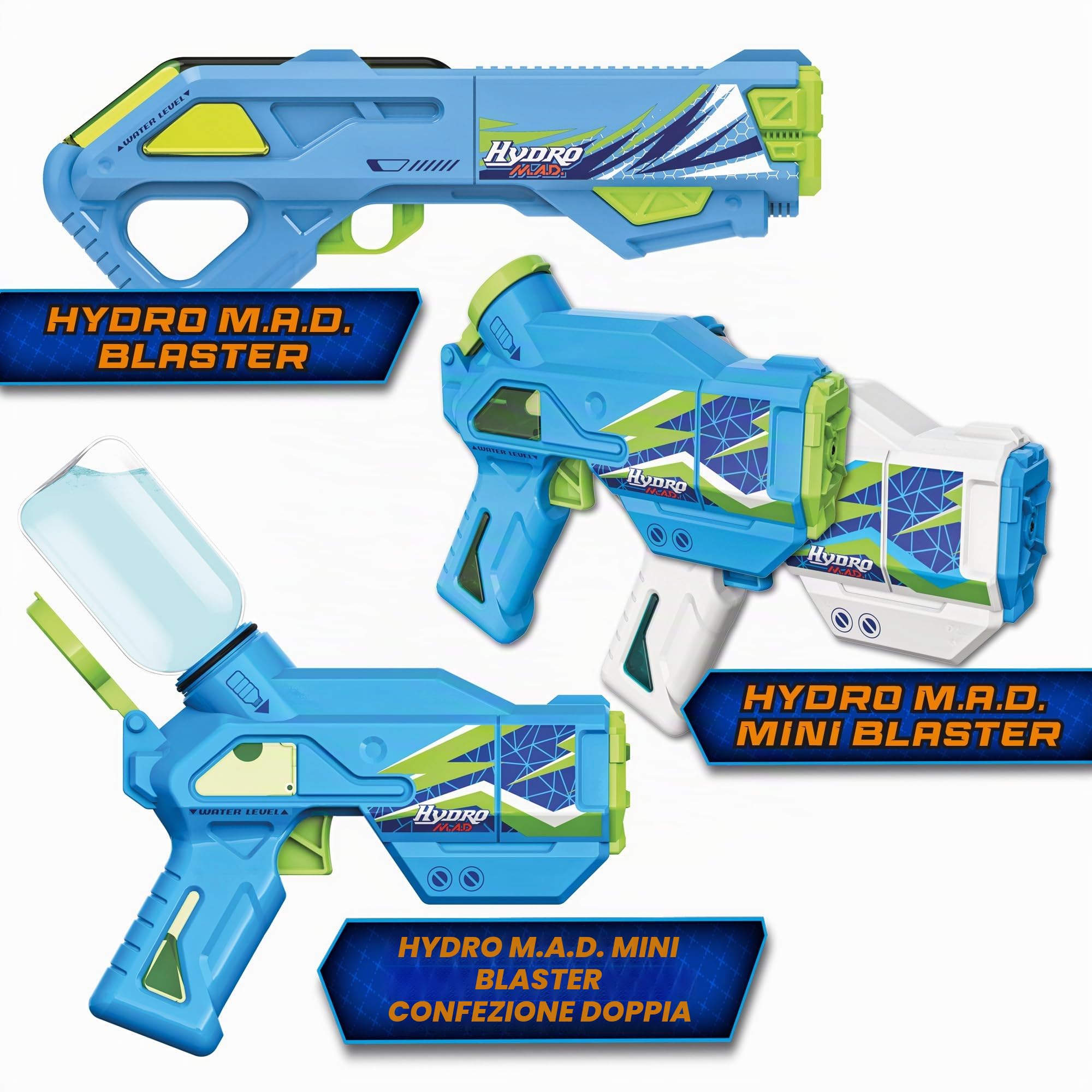 Bizak Hydro M.A.D. Mini Blaster Pack Doppio, Pistole ad acqua elettroniche in blu e bianco, portata fino a 5 m, giocattolo per gioco all'aperto, bambini e ragazze +8 anni, (62001154)