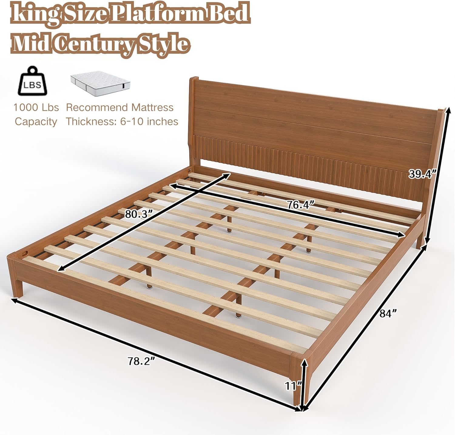 King Size Platform Bed with Bamboo-made Structure, Mid-century Style Bedframe with Chic Design Headboard, Sustainable Bed Frame King for Bedroom, No Box Spring Needed & Easy Assembly, Warm Brown