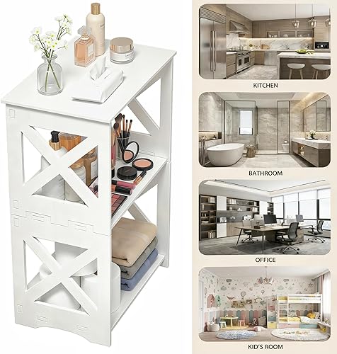 Miniatura 7 de BYFU Juego de 2 mesas auxiliares de 3 niveles, mesa auxiliar estrecha con estante de almacenamiento, mesita de noche blanca, mesita de noche,