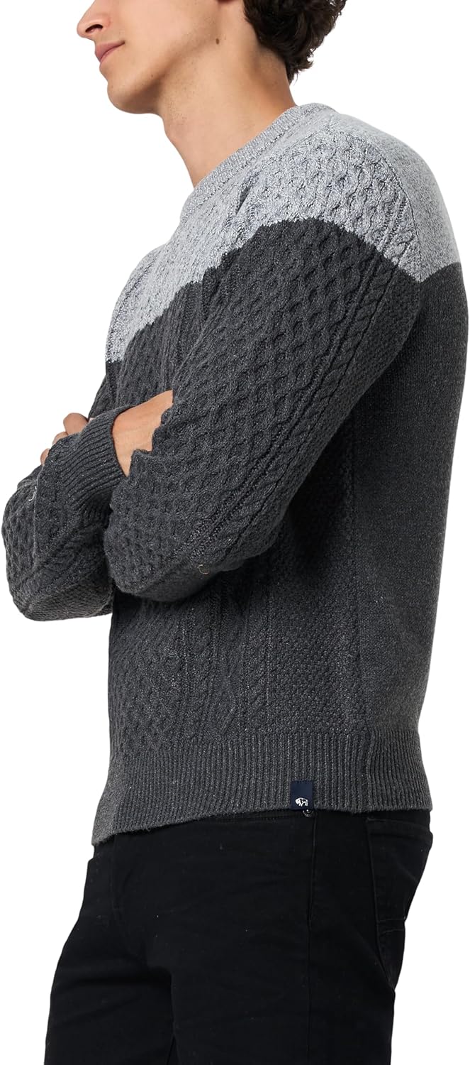 Buffalo David Bitton Men's Crew Neck Colorblock Cable Sweater Super Soft Regular Fit - Image 2