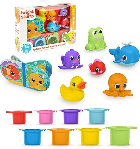 Vista 10 de Bright Starts KaledioCubes - Paquete de 9 bloques de apilamiento y exprimir juguetes de baño para bebés, juega y aprende con colores, números