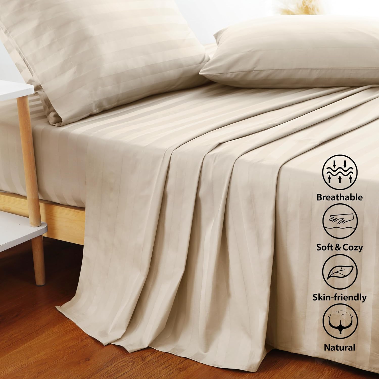 Flat Sheet Only 2 Pack,Queen Size 400 Thread Count 100% Egyptian Cotton Flat Sheet - Wrinkle, Fade, Stain Resistant (Stripe-Beige,Queen,2Pack)