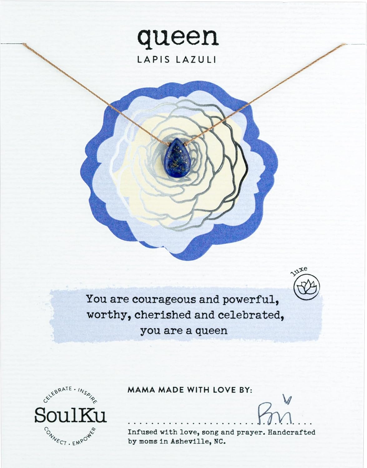 SoulKu Luxe Inspirational Necklace, Empowerment Jewelry, Handcrafted Necklace For Women, Gift For Mom, 2" Extender With Lobster Clasp, 16" Nylon Cord