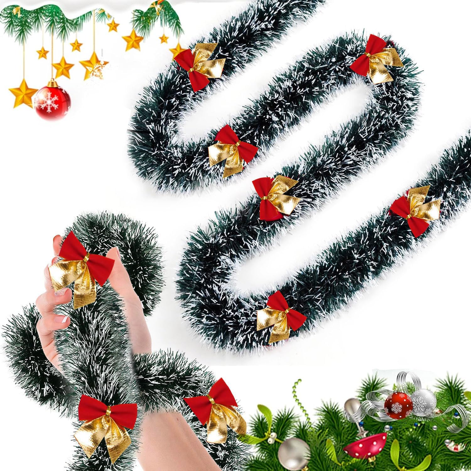 33FT Christmas Tinsel Garland Metallic Twist Shiny Garland with Red and Gold Bows for Christmas Tree Decorations, Xmas Holiday Hanging Garland for Home Mantle Stair