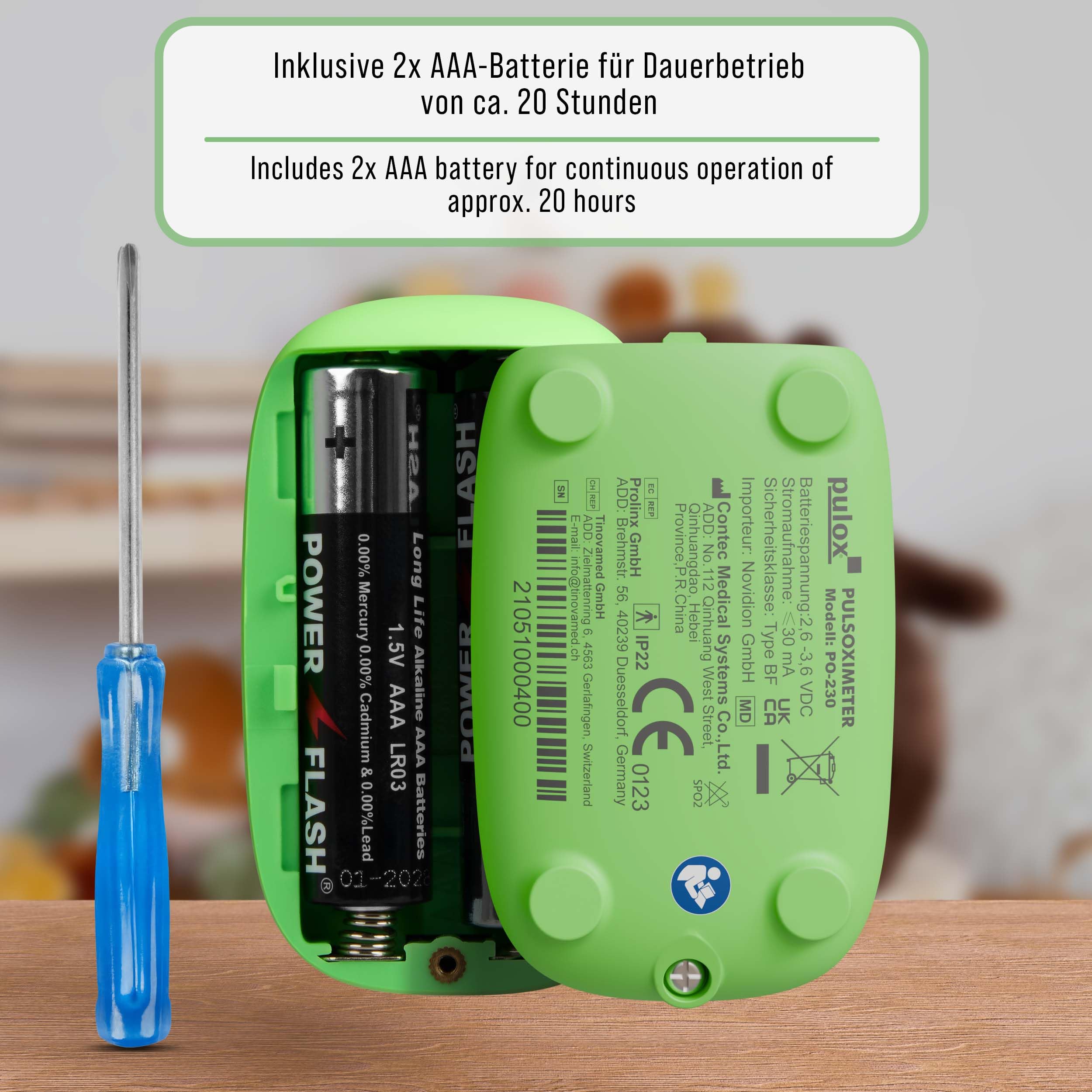 Pulox PO-230 Kinder Pulsoximeter Grün zur Messung von SpO2 und Puls | Misst Sauerstoffsättigung und Herzfrequenz in wenigen Sekunden, inklusive Sticker zum individuellen Bekleben und Gestalten