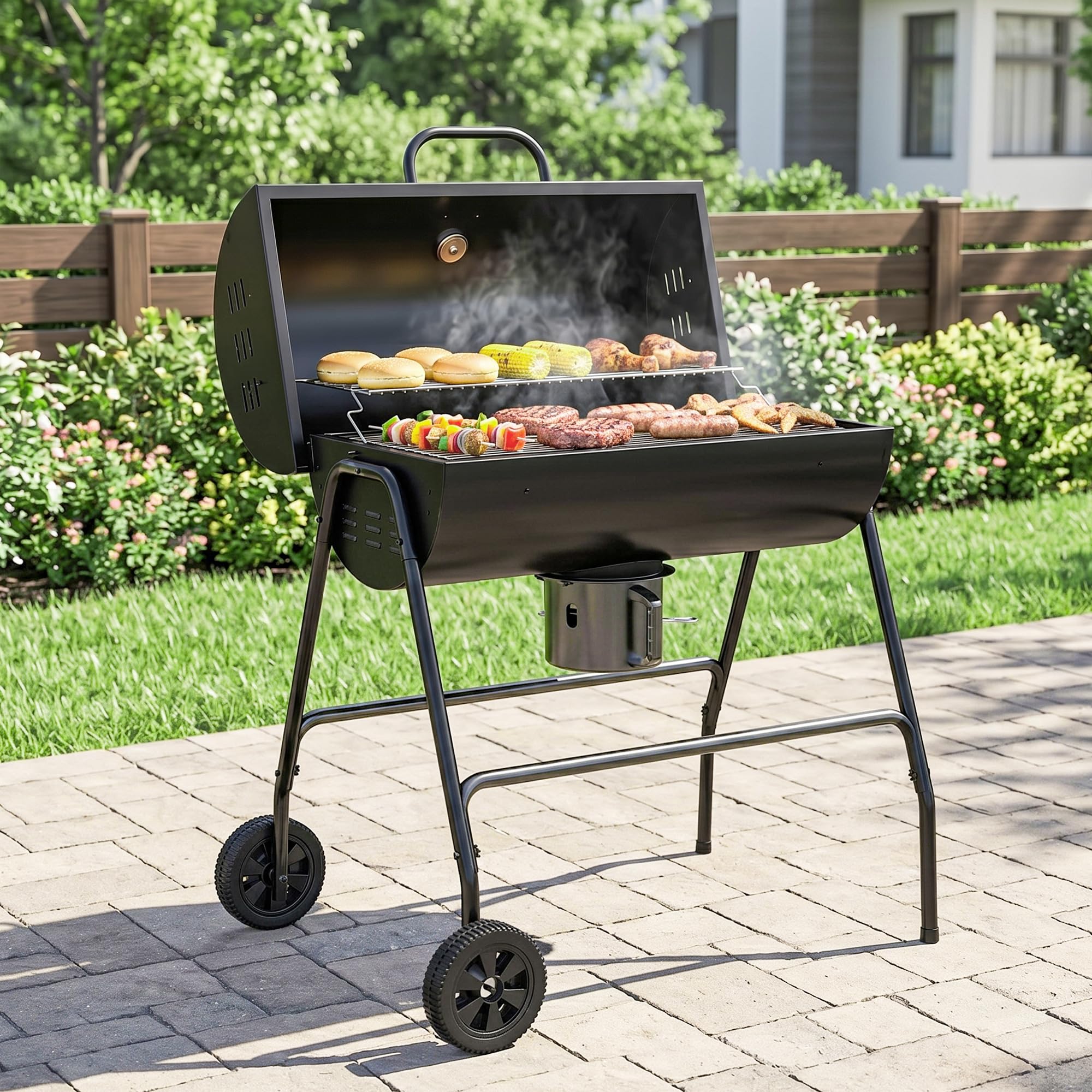 Outsunny Barbacoa de carbón vegetal con tapa, barbacoa de carbón de leña de gran tamaño con rejilla y termómetro, barbacoa con ruedas, asa, para jardín, patio, 95 x 71,5 x 102 cm, negro