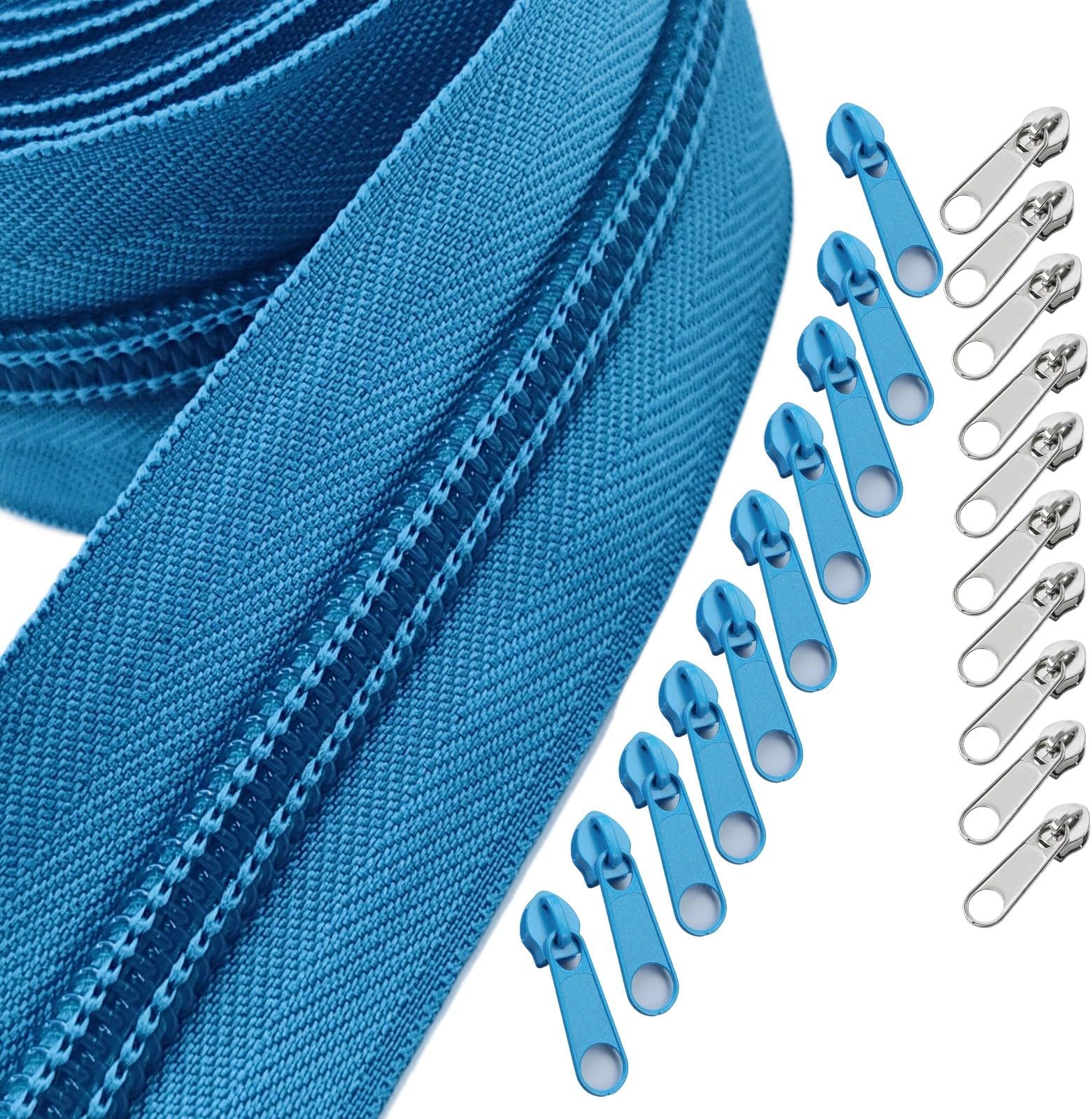 #5Nylon Coil Zipper Tape10 Yard Long Zippers by The Yard with 10 Pcs Colorful Bulk Metal Sliders and 10pcs Silver Sliders for DIY Sewing Assorted Lengths Purse Tailor Craft Bags Making Clothing(Blue)