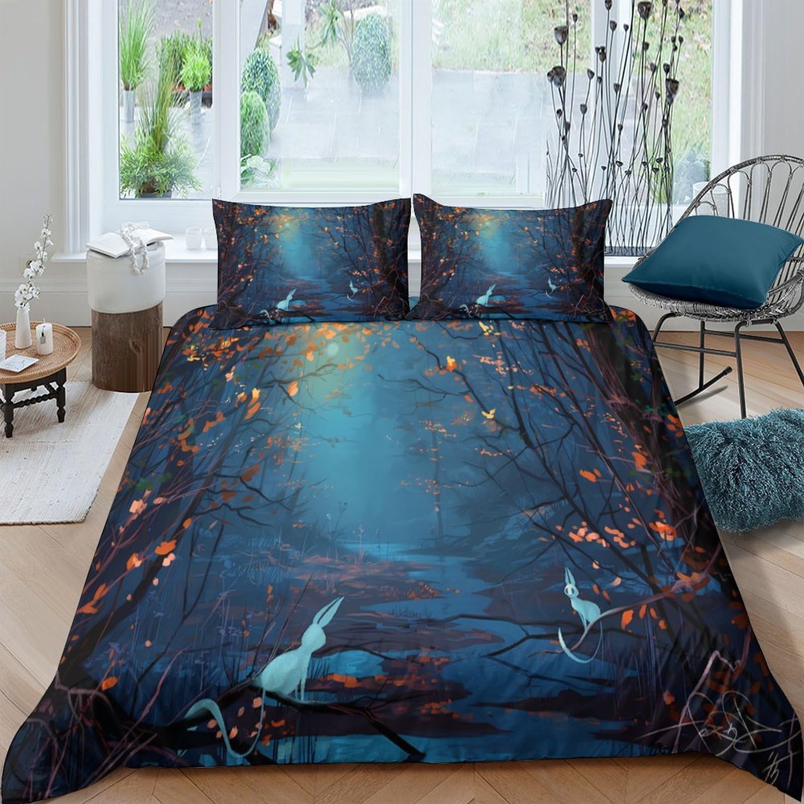 Ctjqhvkz Style-8 3D Printed Enchanted Forest Fitted Sheet Microfiber Soft Blue Rabbit River Mattress Cover For Bedroom Decor Single（135X200cm）