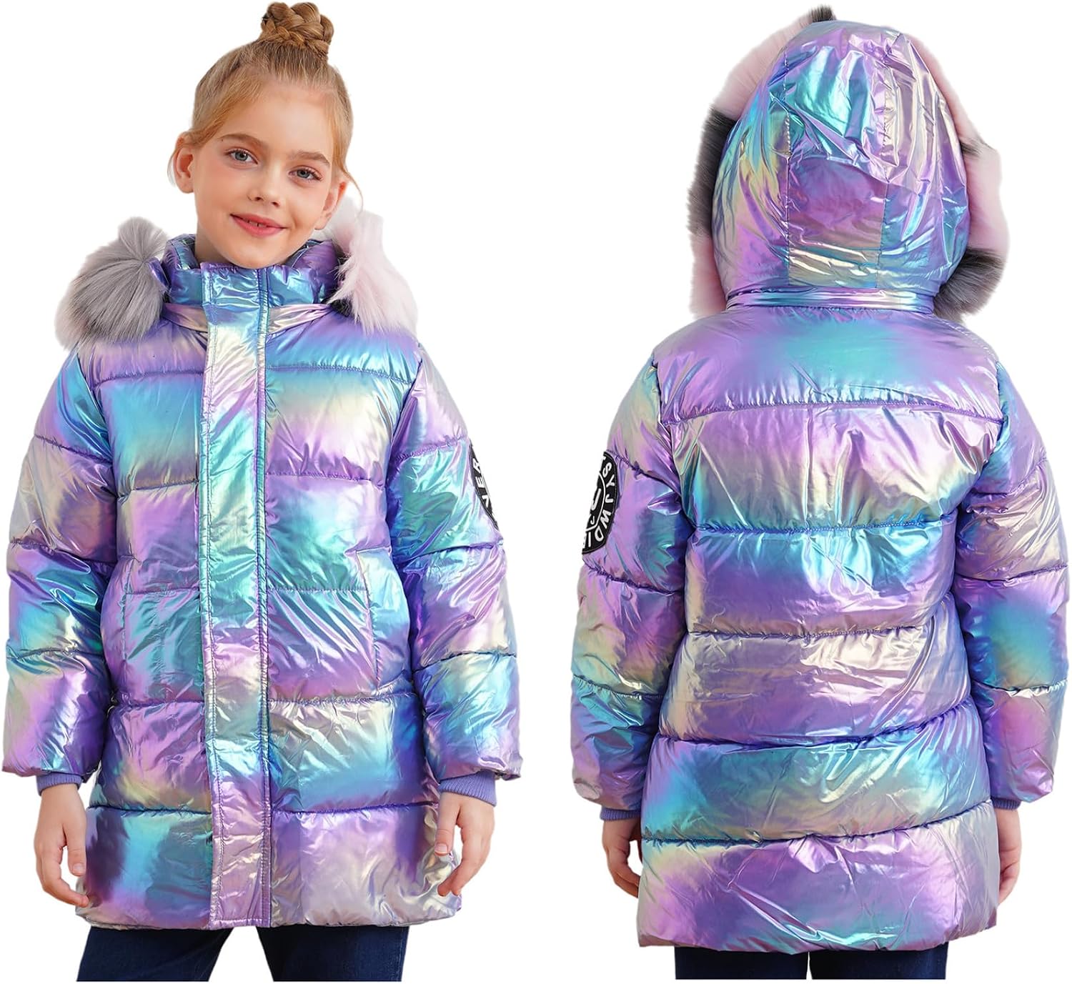 JEYPINMI Girls and Toddlers' Hooded Puffer Jacket Warm Shiny Outerwear Autumn and Winter Coat