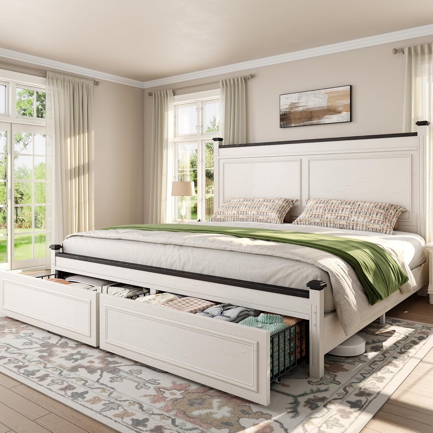 King Size Bed Frame with Tall Headboard,Bed Frame King with Storage,2 Drawers,Farmhouse,Wooden,No Noise,No Box Spring Needed,White