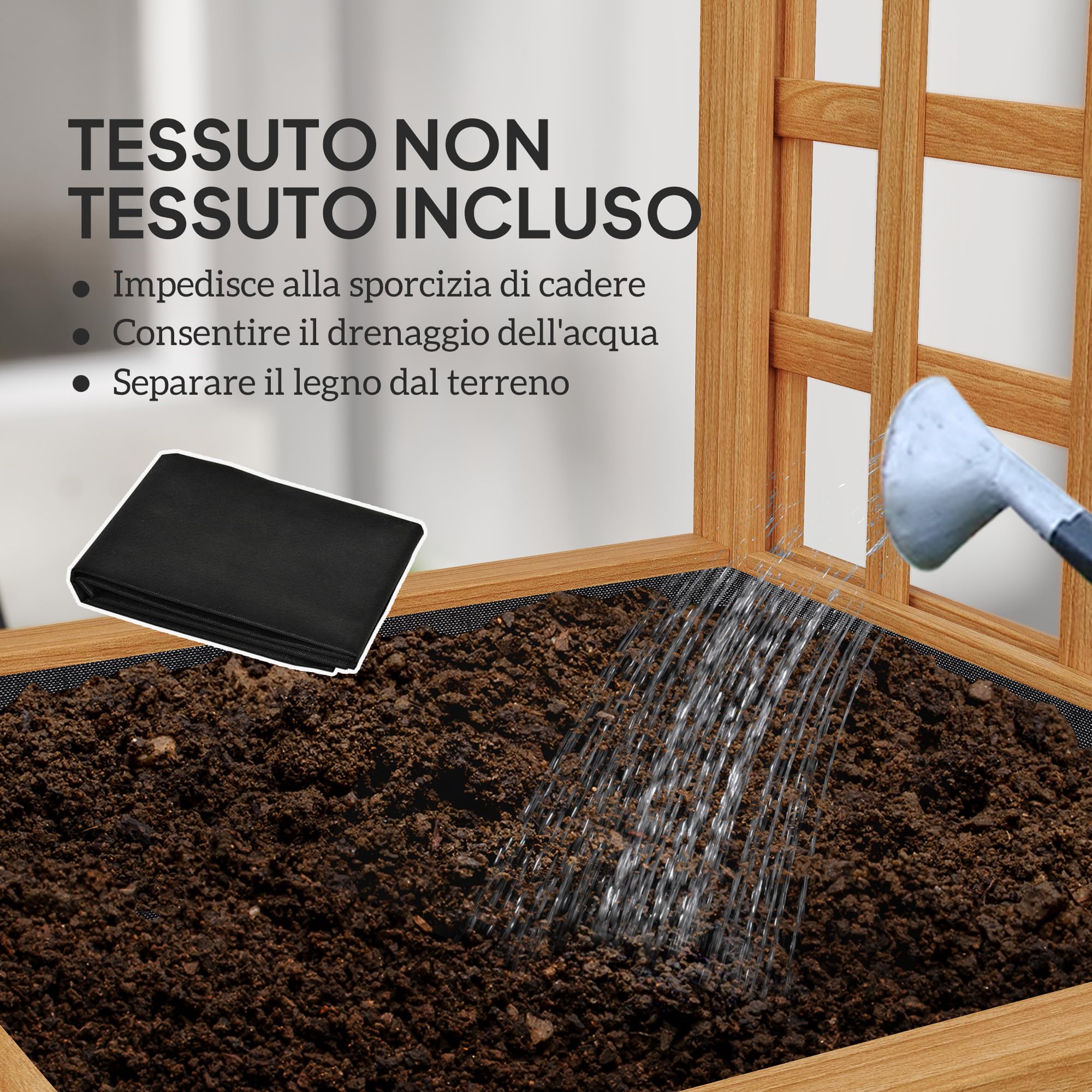 Outsunny Letto per Orto Rialzato da Esterno con Grigliato, Fioriera da Esterno con Foro di Drenaggio e Fodera Traspirante in Legno di Abete, per Fiori e Verdure, 40x40x120 cm, Marrone Chiaro