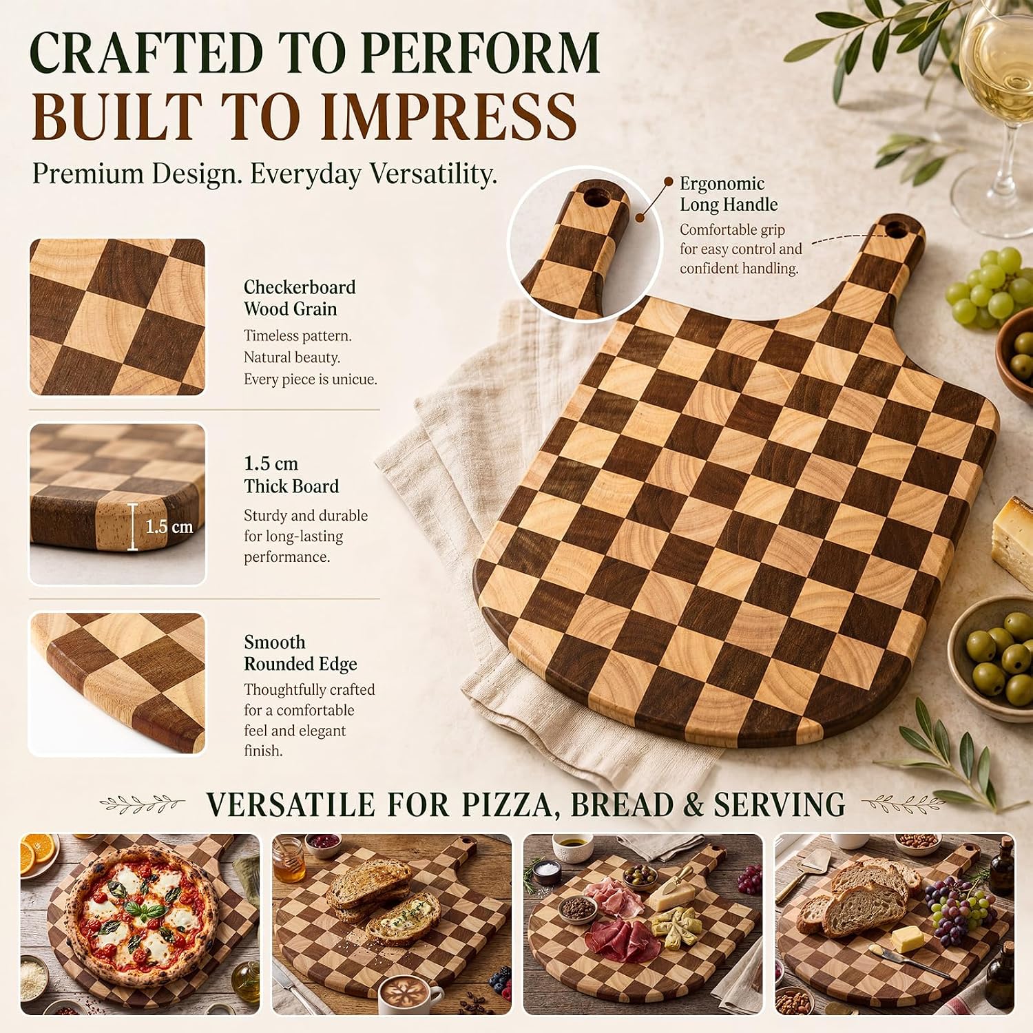 1 Pack 12 x 17 Inch Wood Pizza Peel Checkered Pizza Board for Transfer