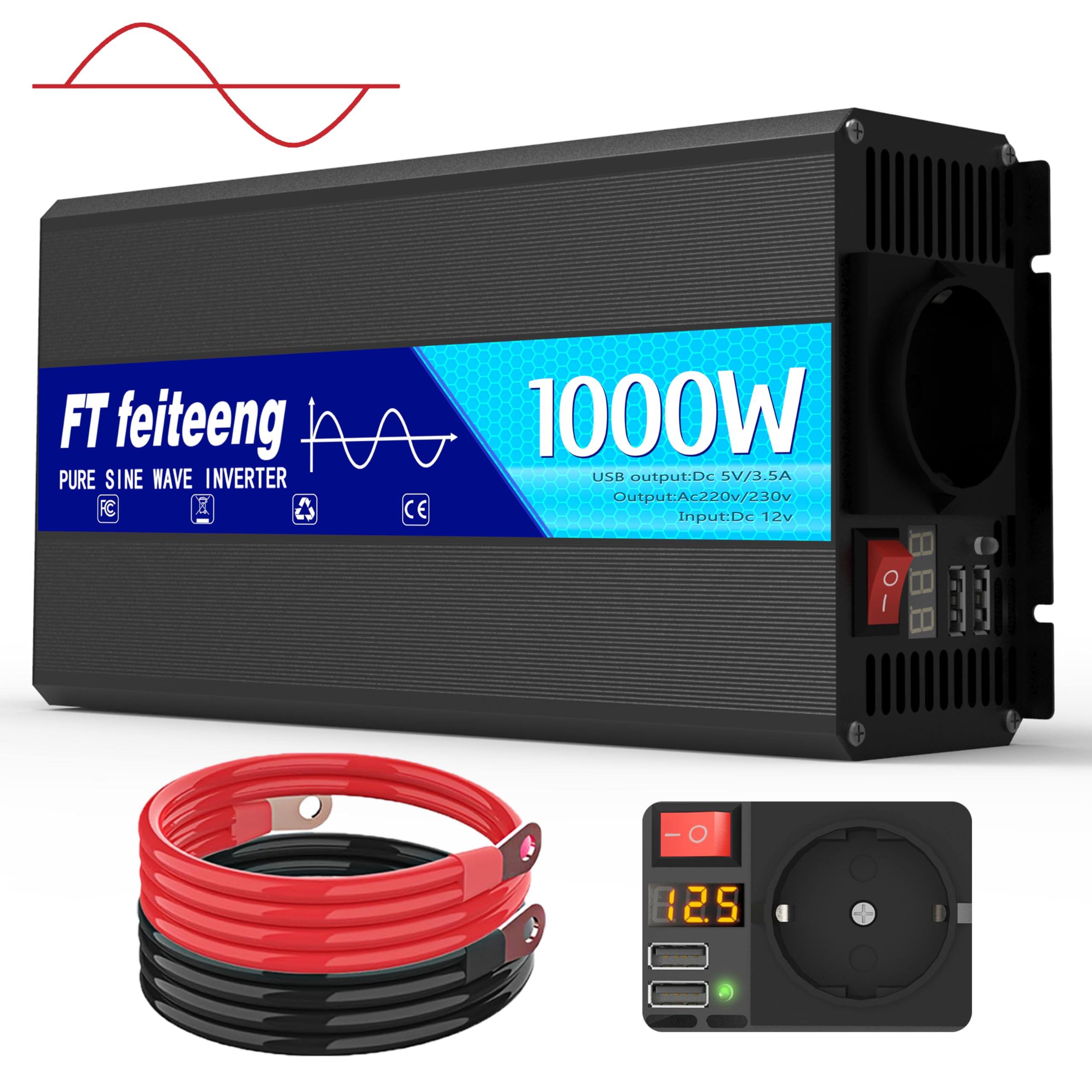 1000W inverter 12v 220v onda pura con 1 presa UE e 2 caricatori USB trasformatore 12v 220v di corrente 2000 W (picco) per auto, roulotte, barche, campeggio