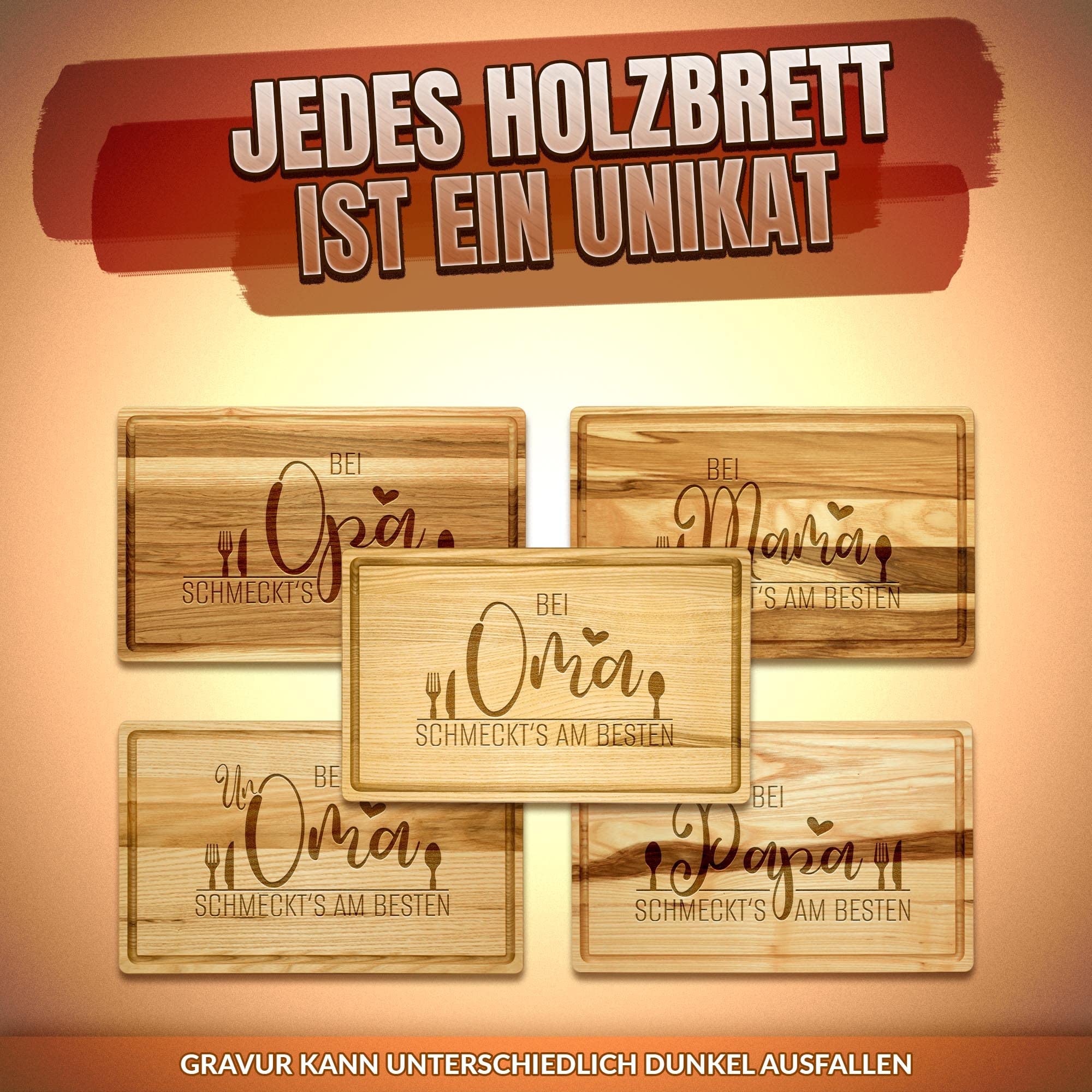 Großes Holzbrett mit Gravur - Bei Oma schmeckt's am besten - Schneidebrett gravieren| Eschenholz, 40 x 25 x 2 cm, Geschenk mit Gravur, Geschenk für Oma