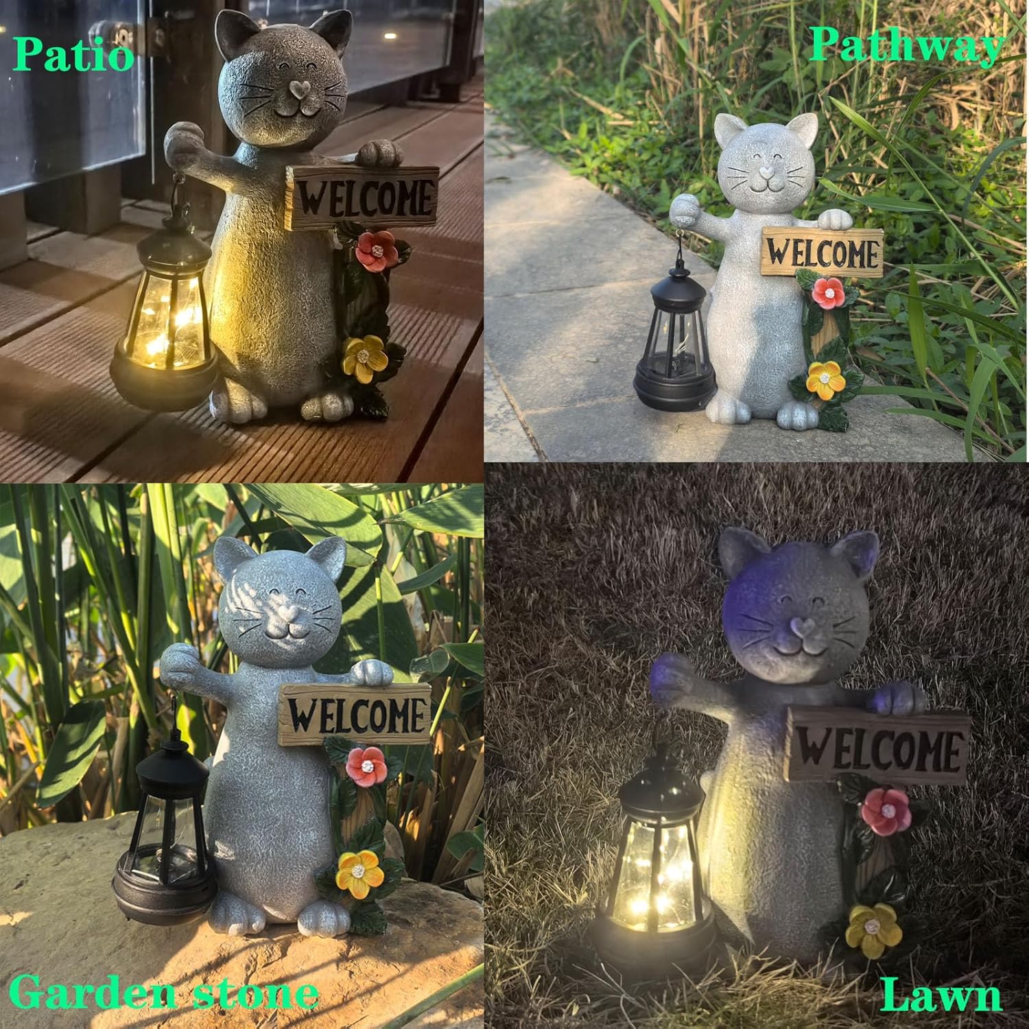 Solar Cat Statue Outdoor Decor-9.4" Welcome Garden with Sculpture Solar Lantern Flowers,Weatherproof Resin Art for Patio, Lawn,Yard Outside, for Women,Grandma,Adults,Kids,Cat Lovers