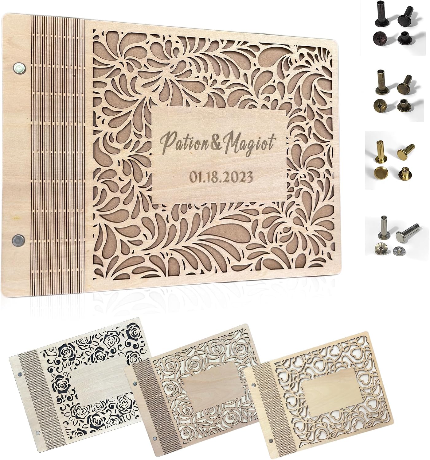 Custom Bohemian-Style Wedding Guestbook from The USA,Photo Booth Guestbook,Vintage Wooden Wedding Guestbook,Carved Wooden Design (A5)