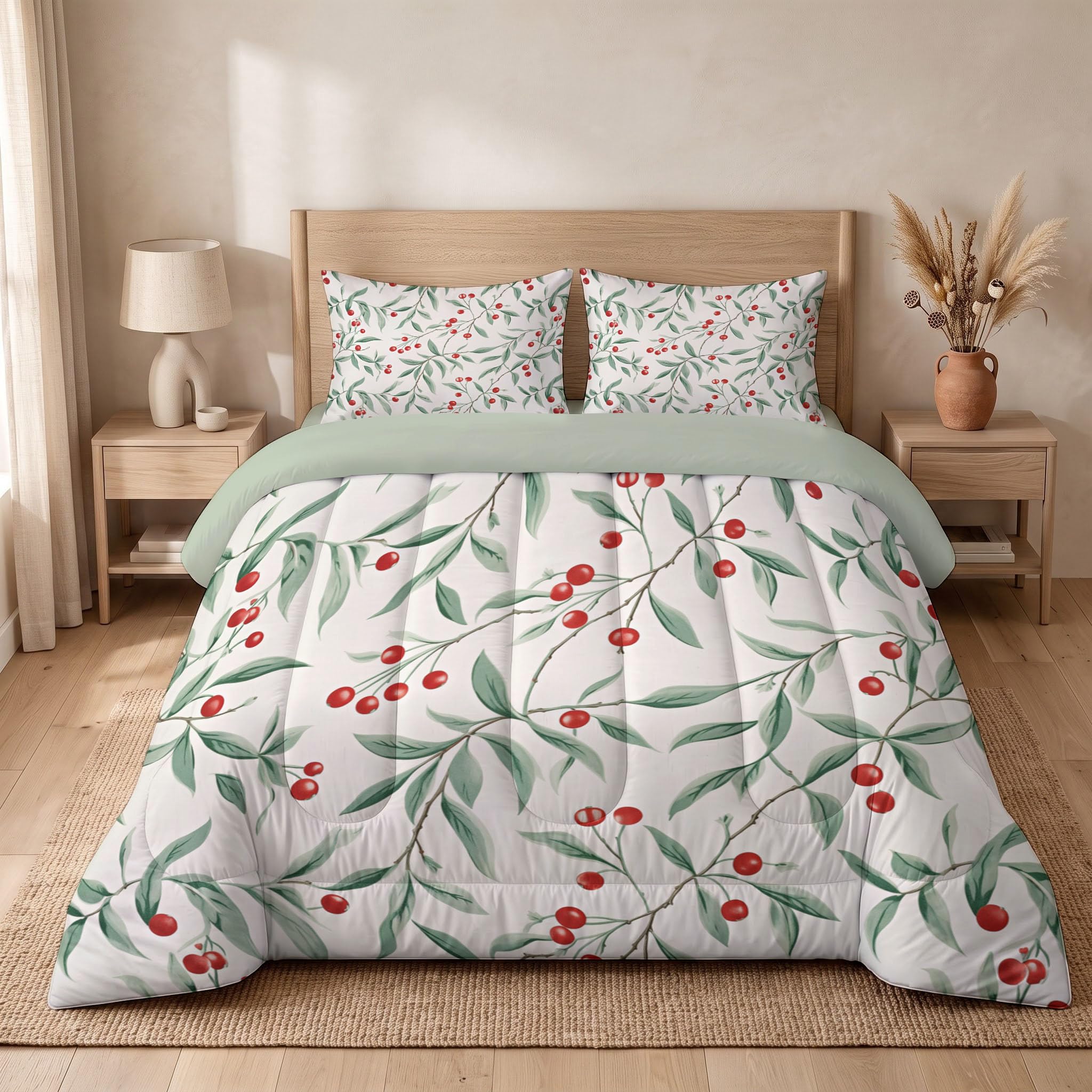 Couette Style campagnard Style Ferme 2pc Fille Tempérée pour lit 1 Personne-100% Microfibre -Enfant 4 Saisons et 240x260cm + 1 Taie d'oreiller 65x65 cm -Plantez des Baies et des Branches