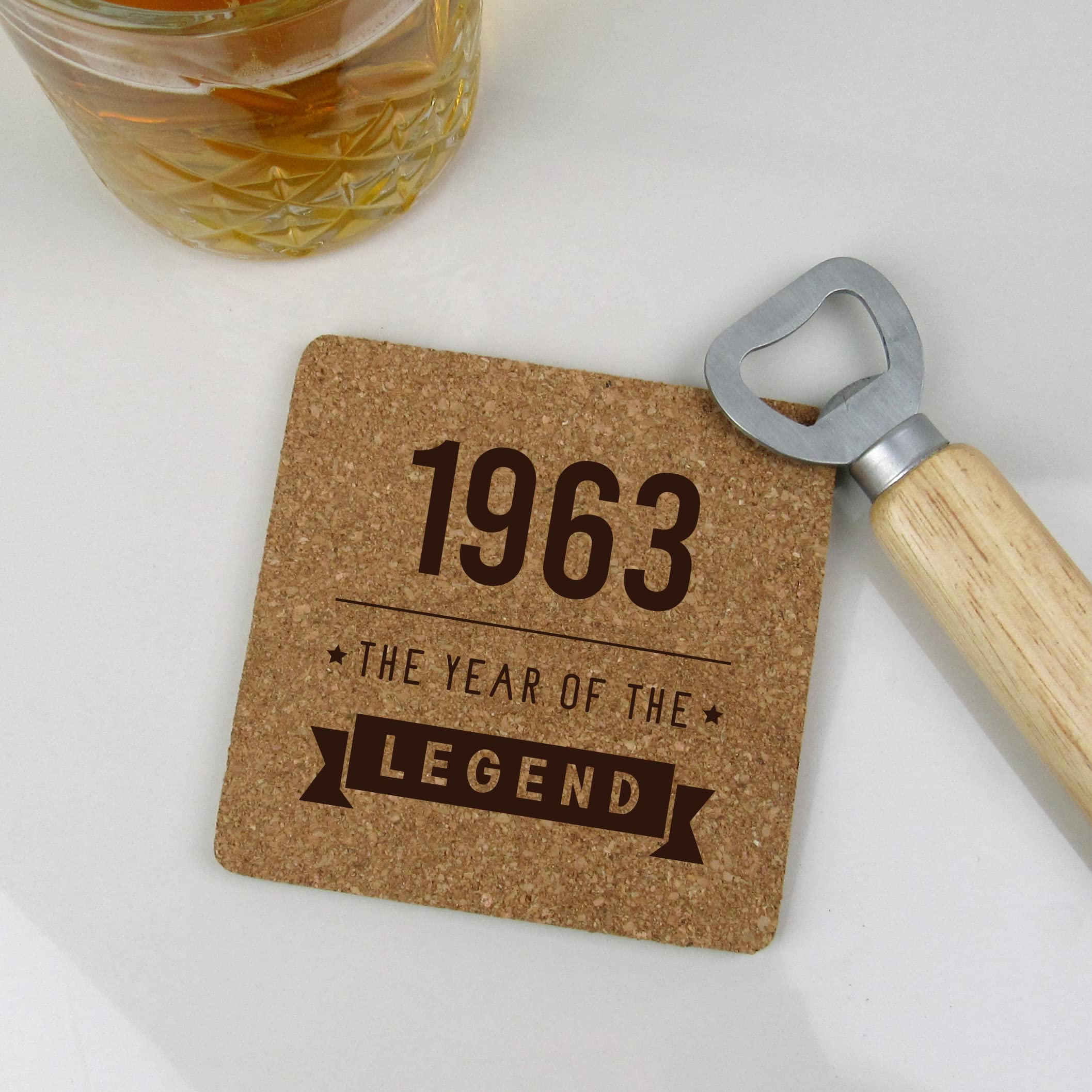 eBuyGB Engraved Square Cork Coaster -1963 Year of The Legend Design - 60th Birthday Gifts for Him, Men - Gift for Dad, Uncle, Brother - Drinks Mat, Placemat