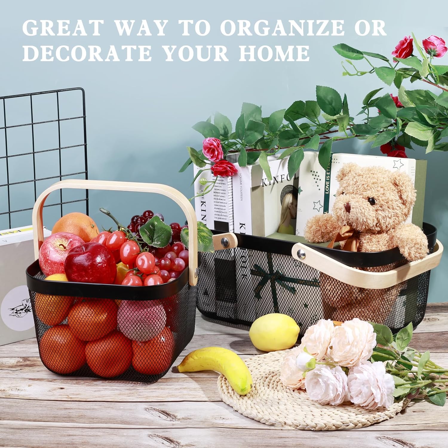 Dualshine 2 Pack Garden Harvest Basket, Metal Mesh Wire Picnic Basket with Handle, Rectangle Garden Baskets for Gathering Vegetables, Fruits, Kitchen, Home Cabinet Closet and Office(Black)