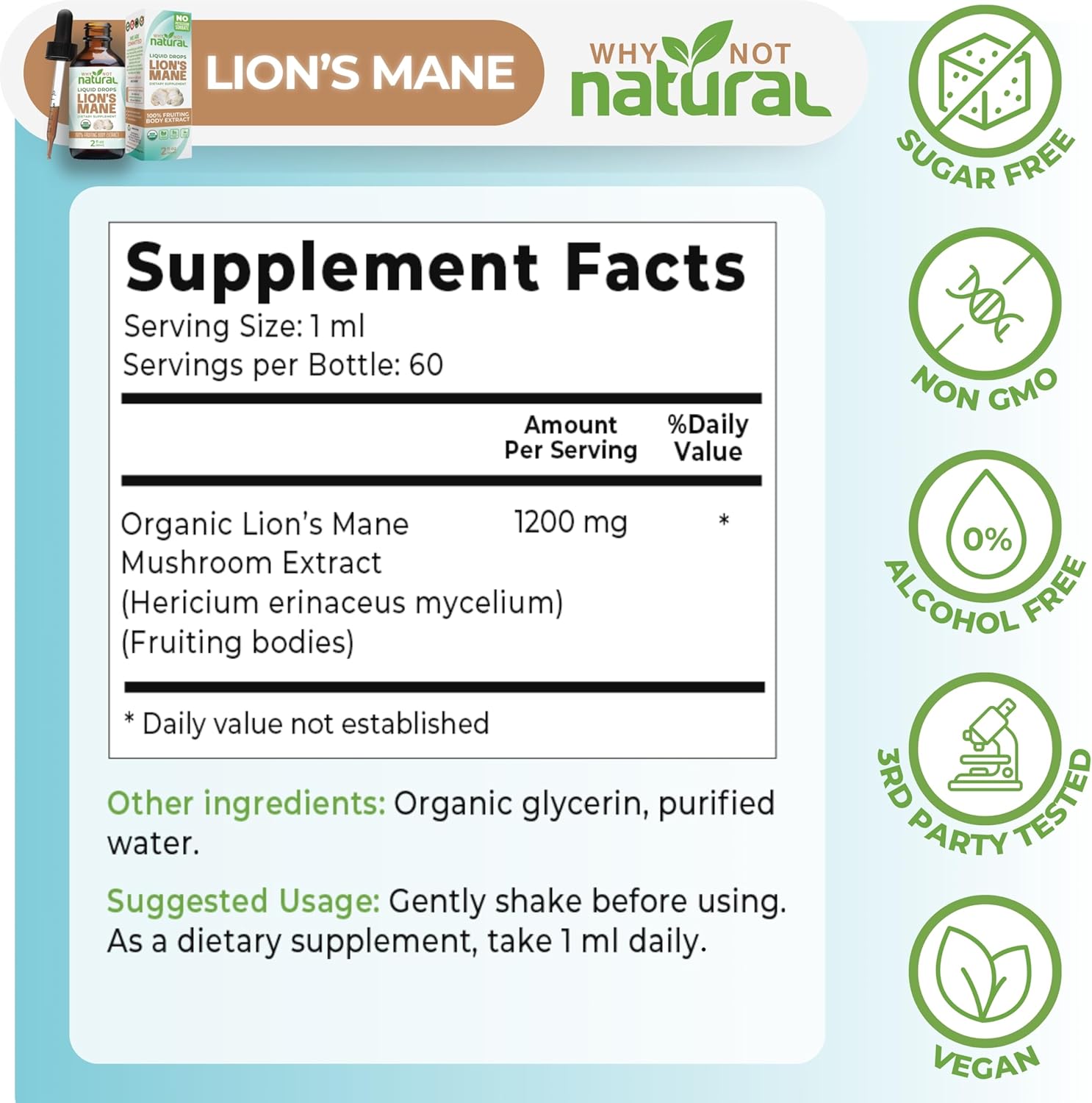 Why Not Natural Organic Lions Mane Liquid Extract Mushroom Supplement Tincture - Image 4