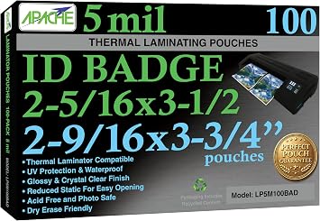 Apache ID Badge Laminating Pouches, 5 Mil, 100 Pack, 2-9/16" x 3-3/4"