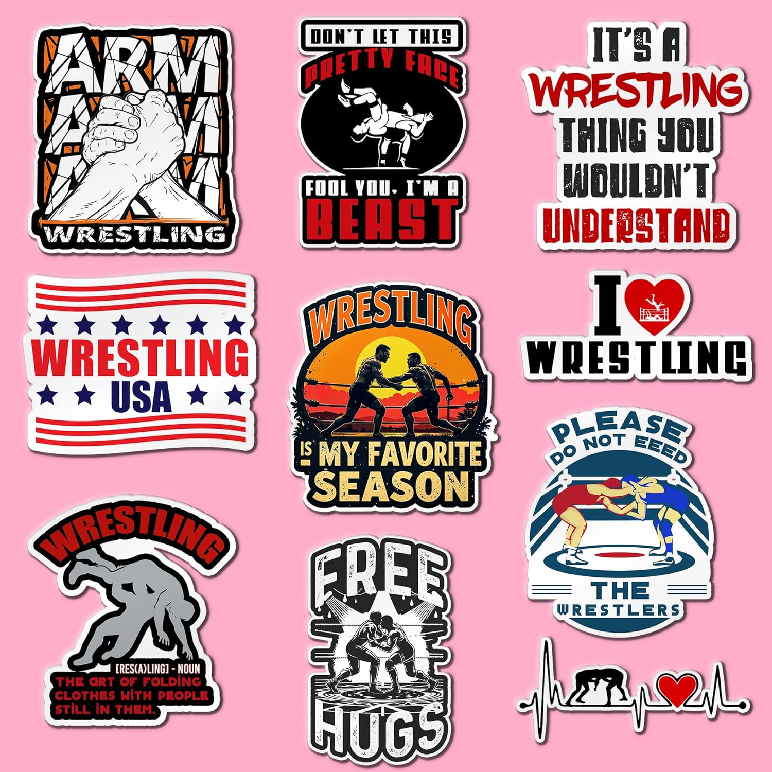 (Pack10) Wrestling Sticker, Funny Wrestle Gifts Sports Lover, Vinyl Decal Different Designs, Waterproof, UV- Resistant, Suitable for Tumbler, Laptop, Phone Case, Hydroflask, Water Bottle Stickers