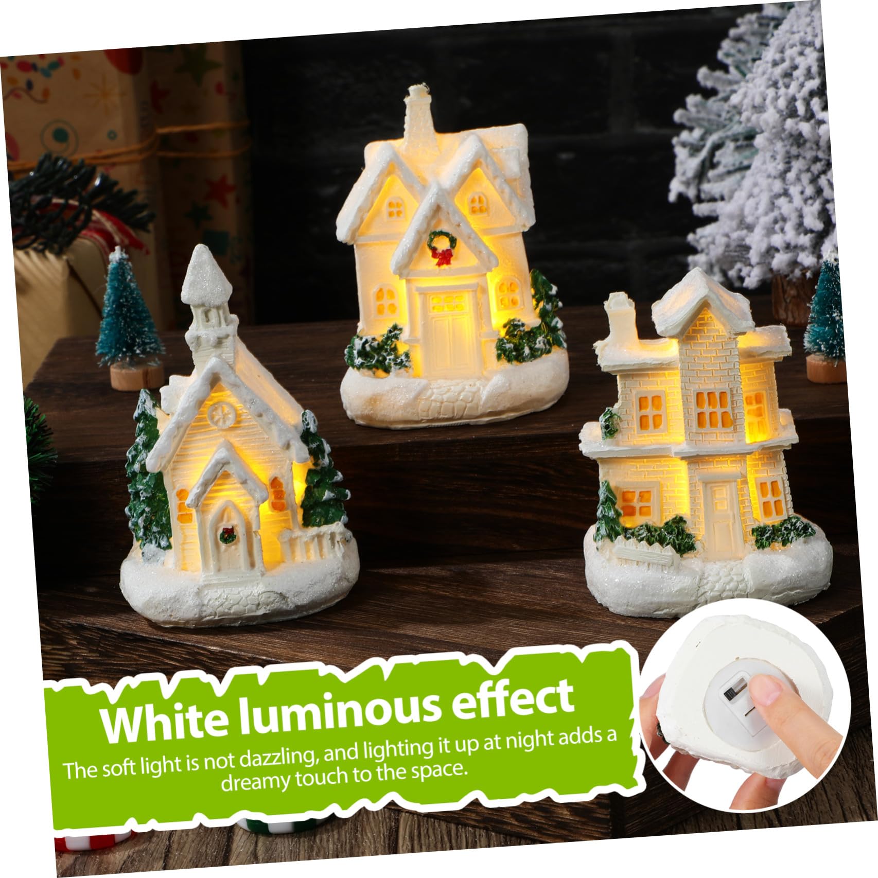 DOITOOL 3 Pezzi Case del Villaggio di Natale in Resina Bianca con Luci LED Luminose, Decorazione da Tavolo Festiva a Forma di Casa per Famiglie nel Periodo Natalizio