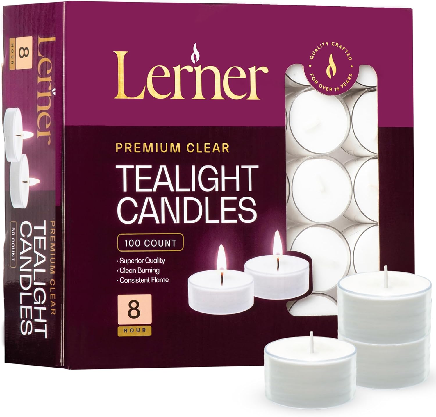 Lerner Tealight Candles in Clear Cups, 200 Count | 8 Hour Long-Burning White Tea Light Candles | Non-Toxic, Smokeless & Soot-Free
