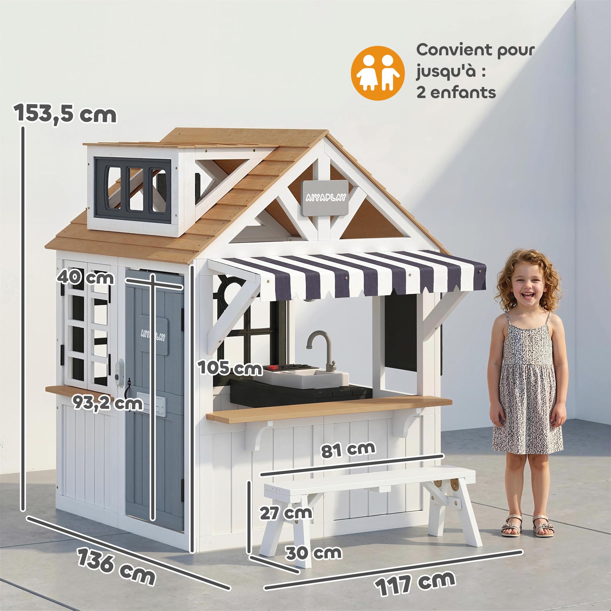 AIYAPLAY Casita infantil exterior madera 136x117x153.5 cm blanco con gatera cocina pizarra banco timbre