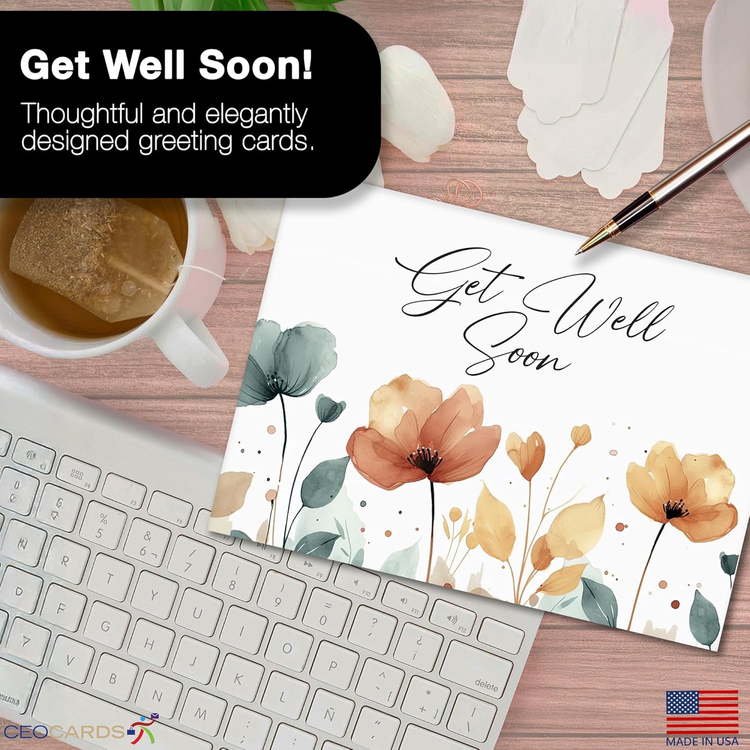 Get Well Soon Cards with Envelopes for Business & Family (Flowers) Bulk 25 Pack of Thoughtfully Designed Recovery Cards with Envelopes (5x7 inch - A7) Office, Work, Employees & Clients (GW2402)