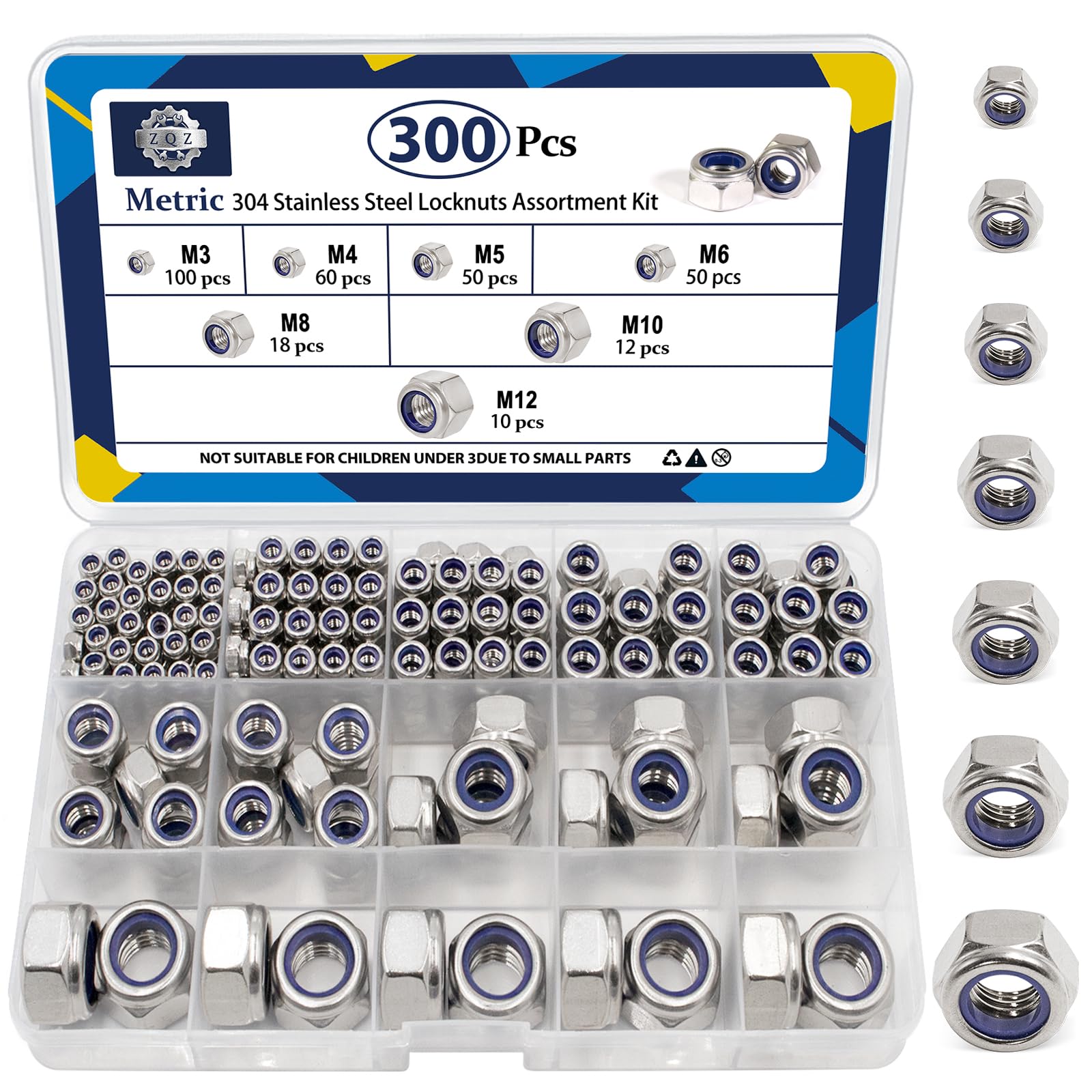 Metric Lock Nuts Kit - 180 Stainless Nylon Assortment -14