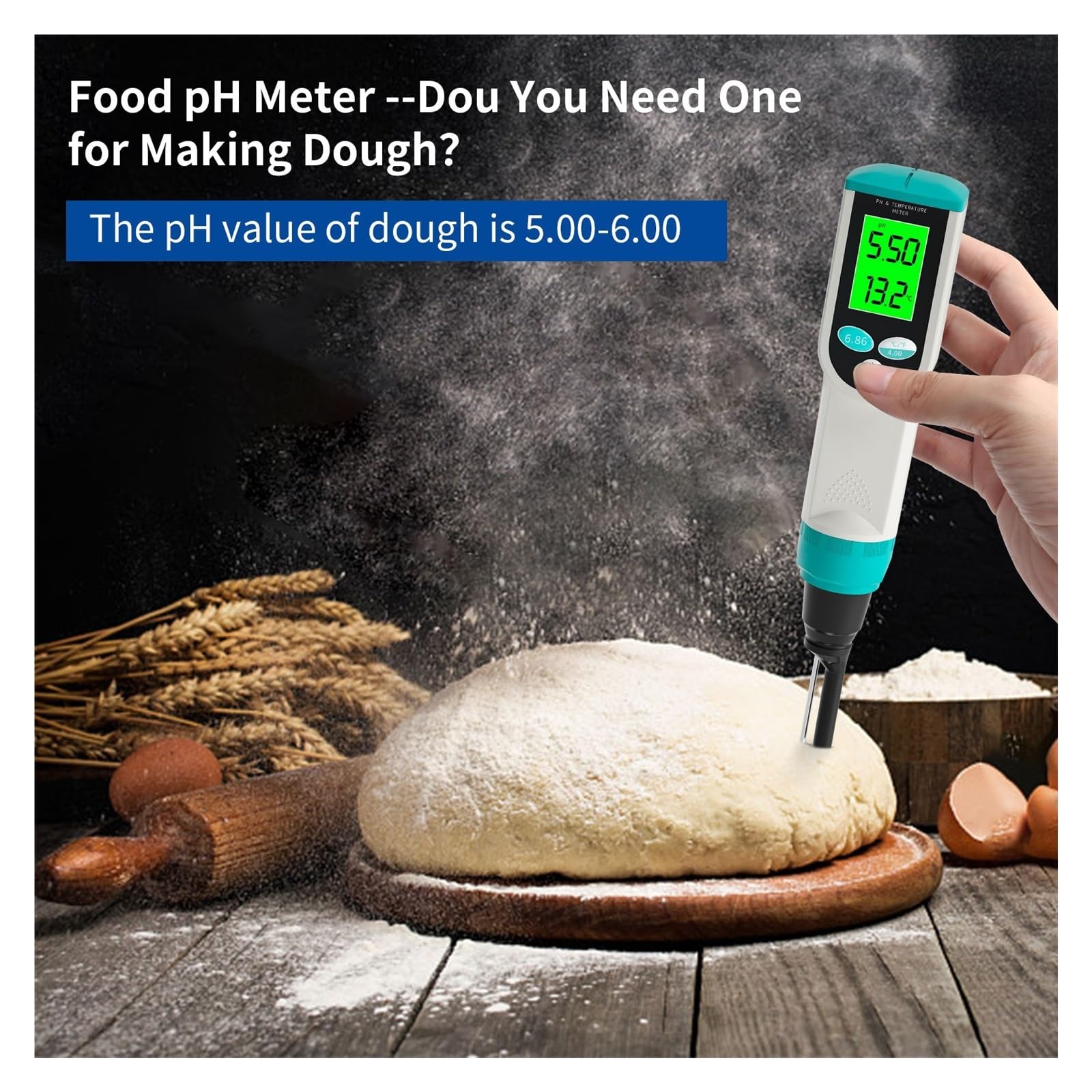 Professionelles Lebensmittel-PH-Messgerät, 0,00–14,00 PH, Temp-pH-Tester, Hochpräziser Sensor, Säureanalysator for Fleischkonserven, Käse, Teig, Wasser PräZise Messung