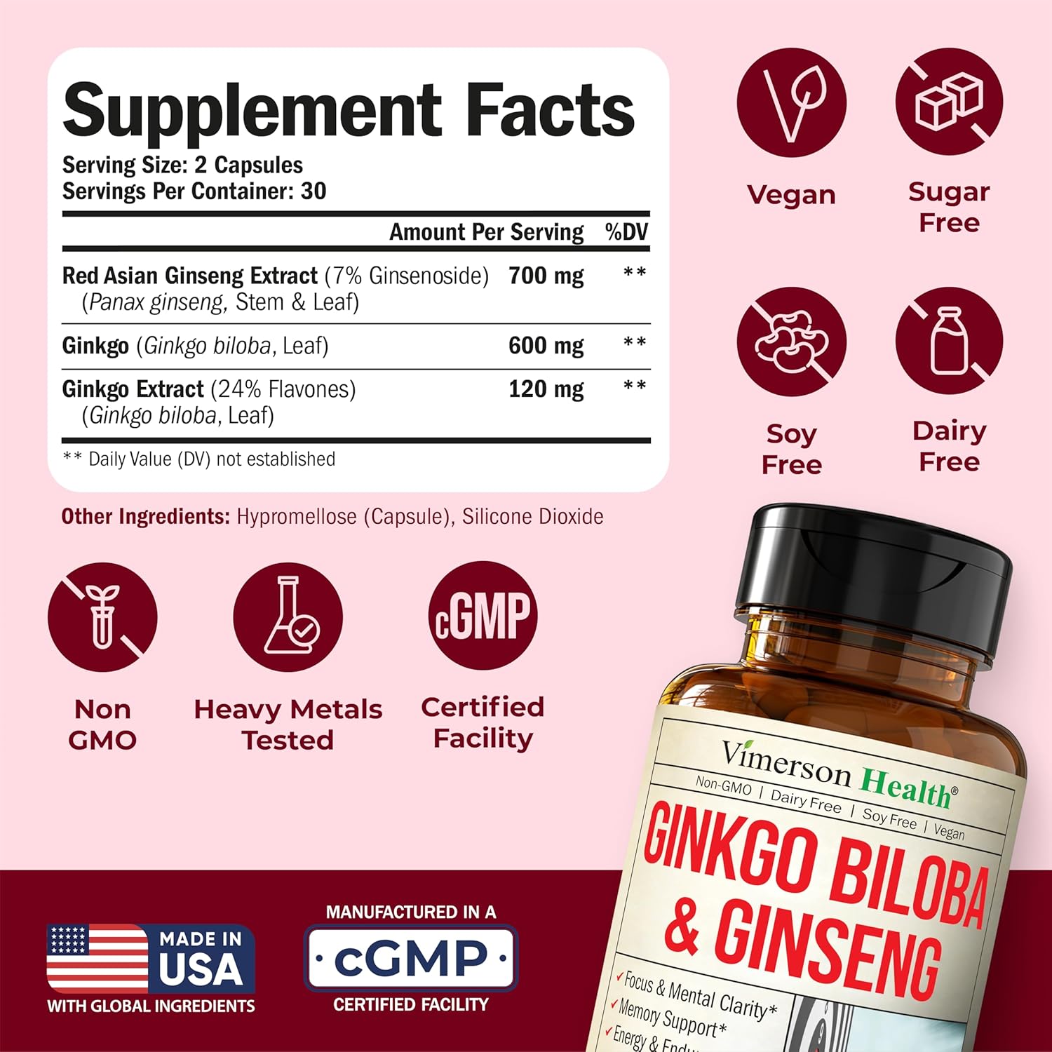 Asian Ginseng and Ginkgo Biloba Supplements – Panax Ginseng Extract 700mg + Ginko Biloba 720mg – Nootropic Brain Supplement for Memory, Focus & Sustained Energy – 60 Easy-to-Swallow Capsules - Image 3