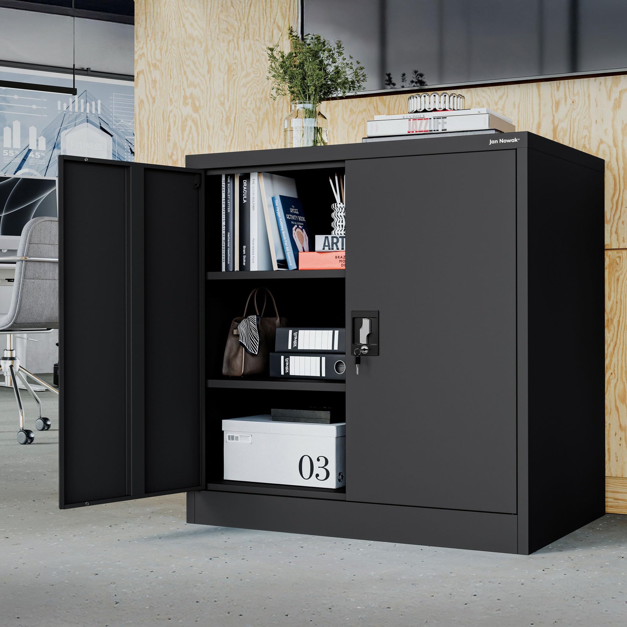 Jan Nowak Metallschrank abschließbar Büroschrank Werkstattschrank Dokumentenschrank Ordnerschrank kompakt aus Stahl 93 x 90 x 60 cm mit verstellbaren Regalböden, Aktenschrank