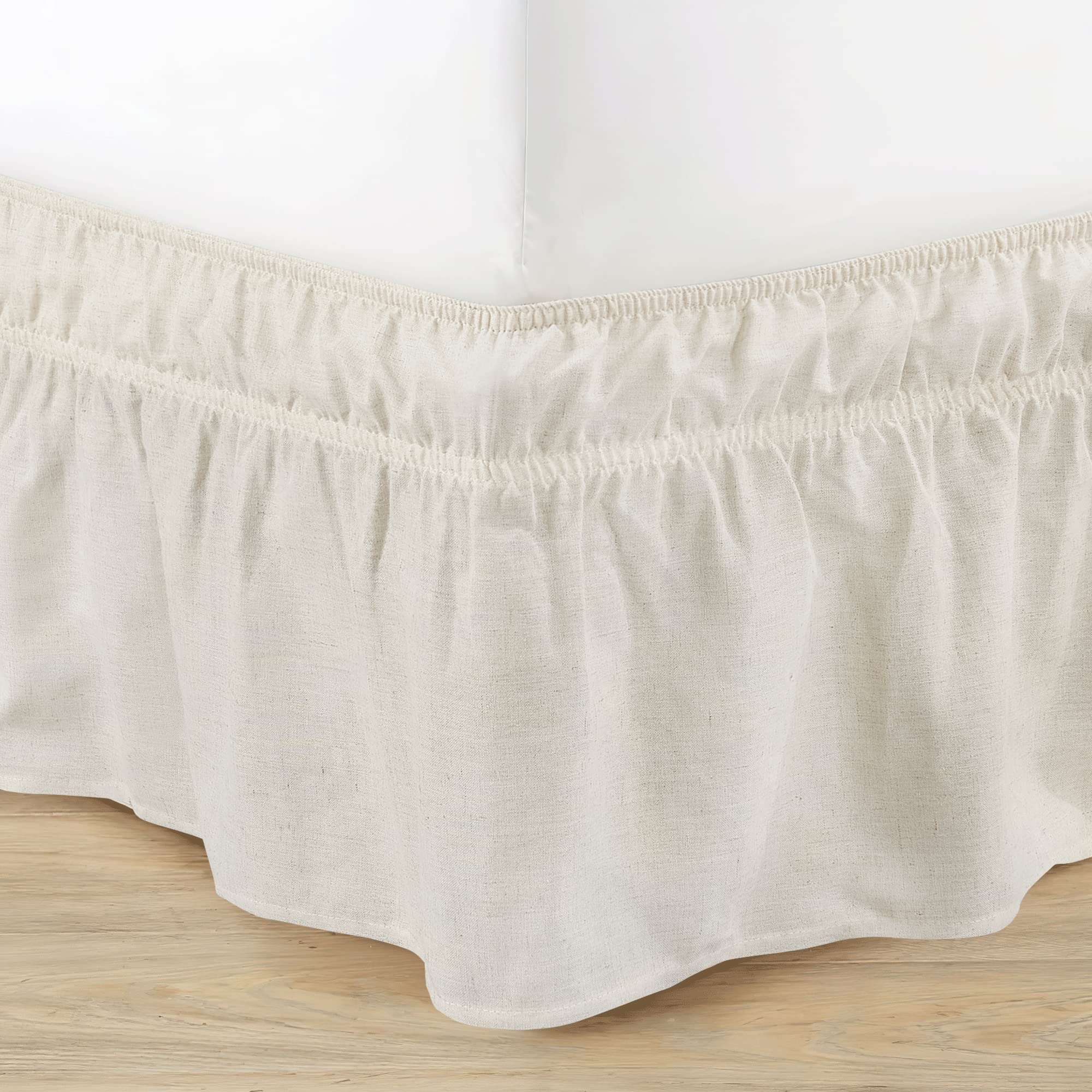 NICETOWN Wrap Around Bed Skirt Queen Size 15 Inch Drop, Natural Adjustable Elastic Ruffled, Easy Fit Dust and Wrinkle and Fade Resistant and Breathable, Flax Linen Material Bedding Decorations,1-PC
