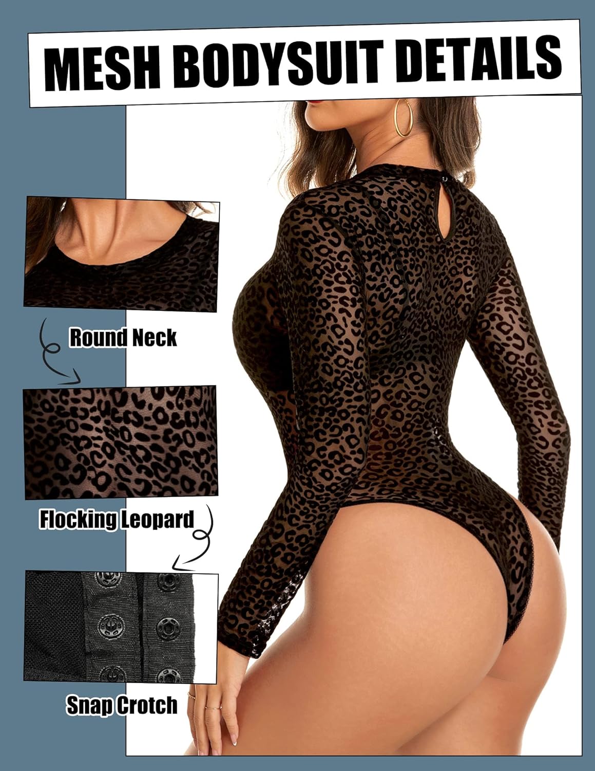 Avidlove Womens Mesh Long Sleeve Bodysuit Round Neck Sheer Leotards Geo Print Bodysuit Top with Snap Crotch - Image 2