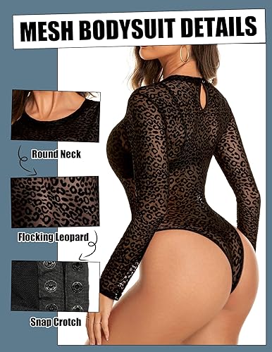 Vista 2 de Avidlove Body de malla de manga larga para mujer, con cuello redondo, con estampado geográfico, con entrepierna a presión